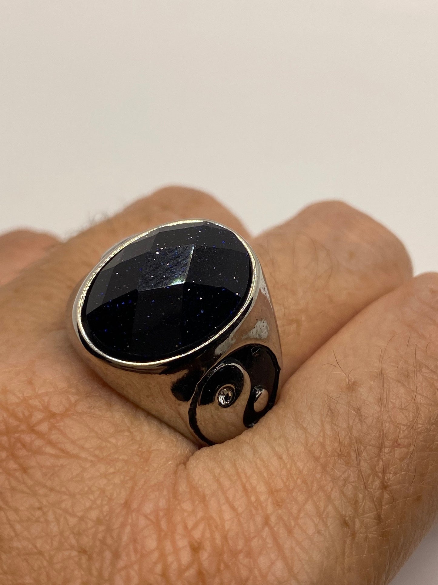 Vintage Yin Yang Black Goldstone Stainless Steel Mens Ring