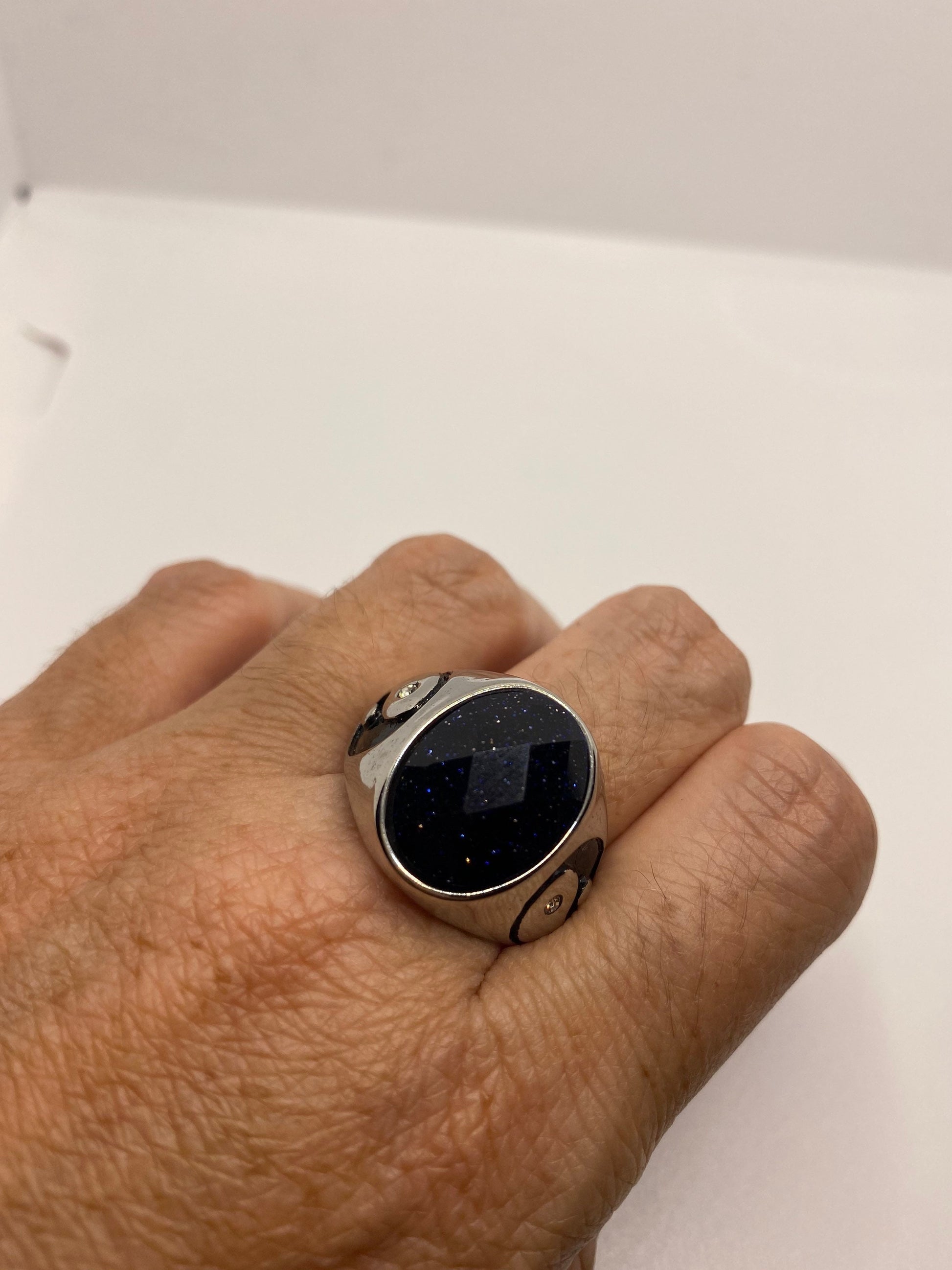 Vintage Yin Yang Black Goldstone Stainless Steel Mens Ring