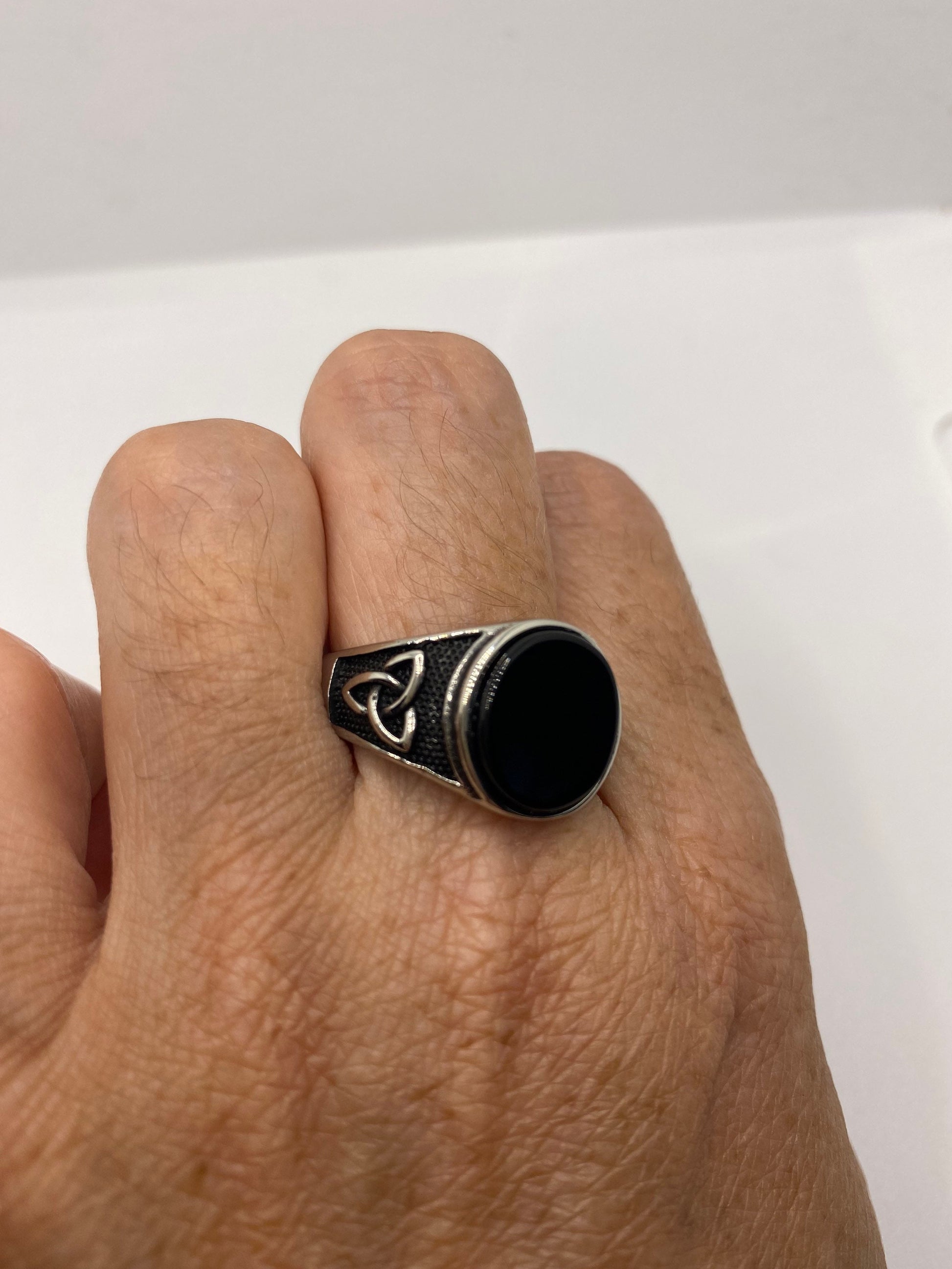 Vintage Celtic Black Onyx Stainless Steel Mens Ring