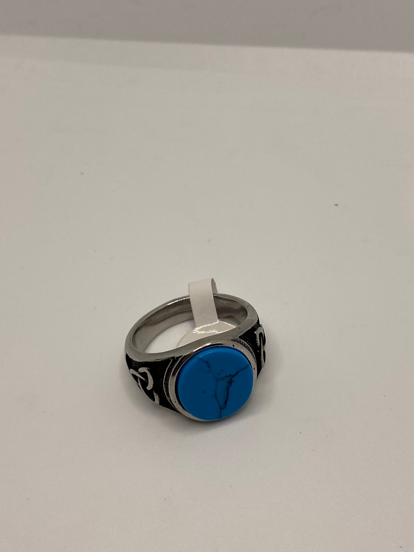 Vintage Celtic Blue Turquoise Stainless Steel Mens Ring
