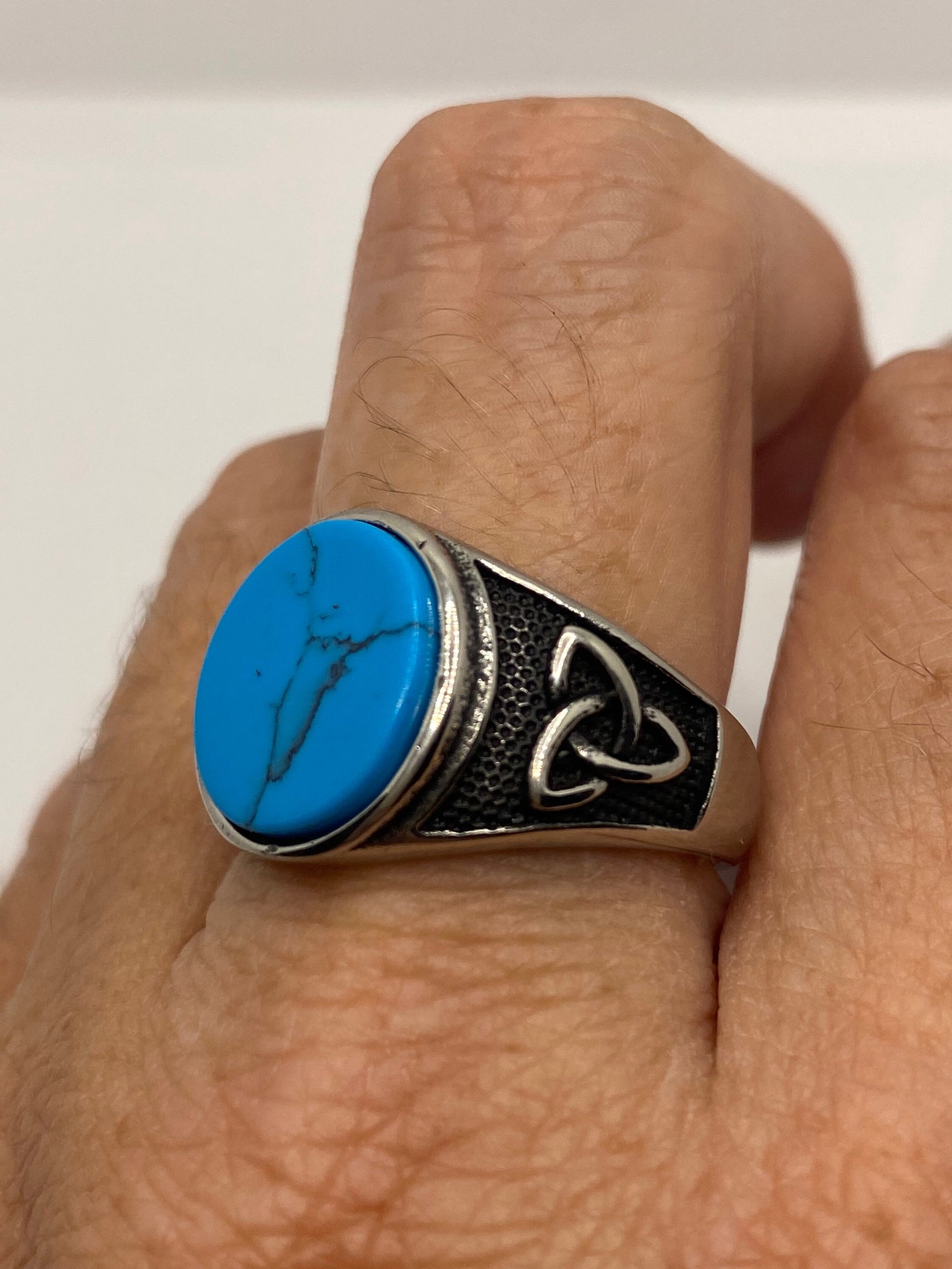 Vintage Celtic Blue Turquoise Stainless Steel Mens Ring
