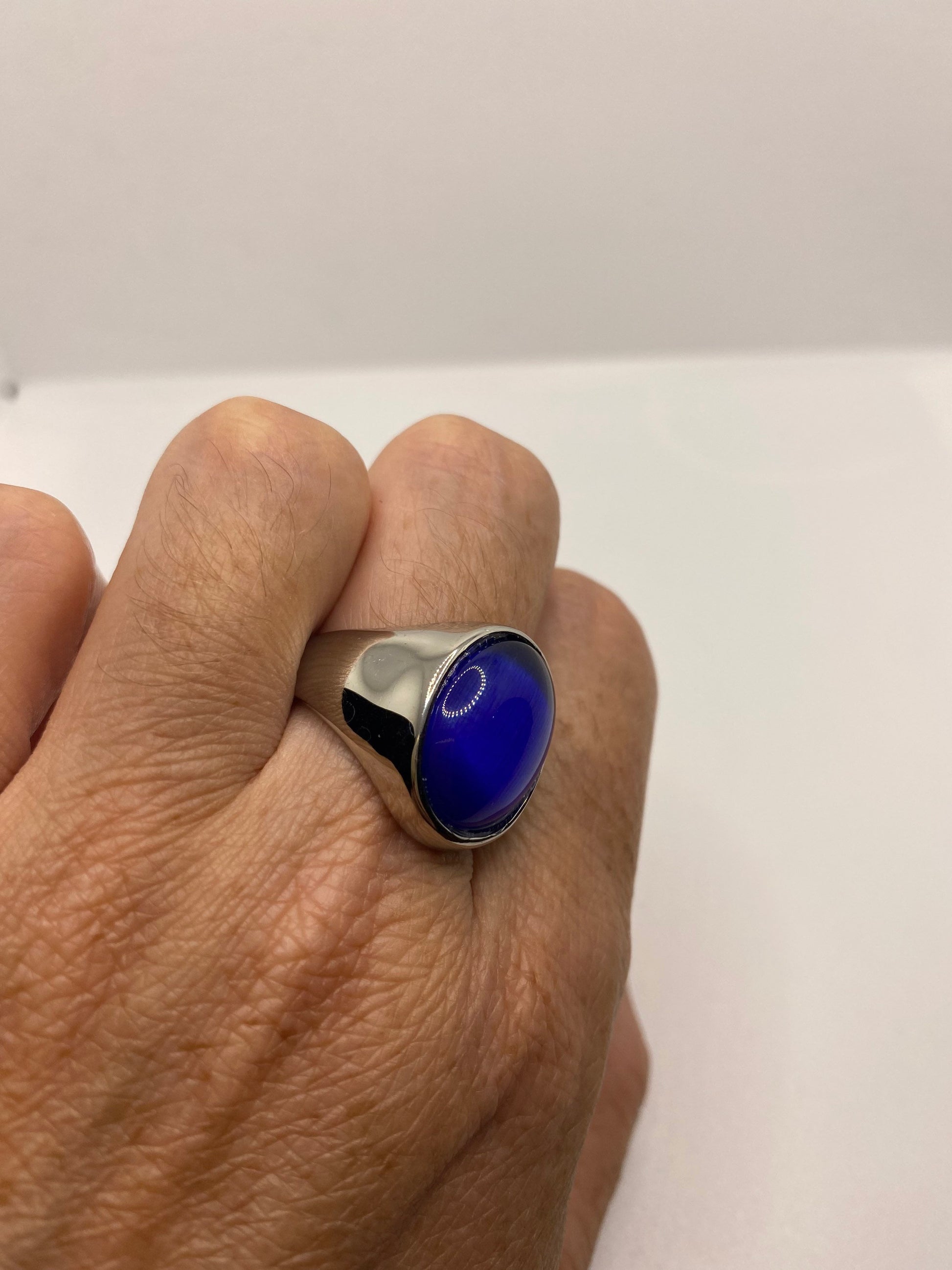 Vintage Blue Cats Eye Glass Mens Ring Stainless Steel