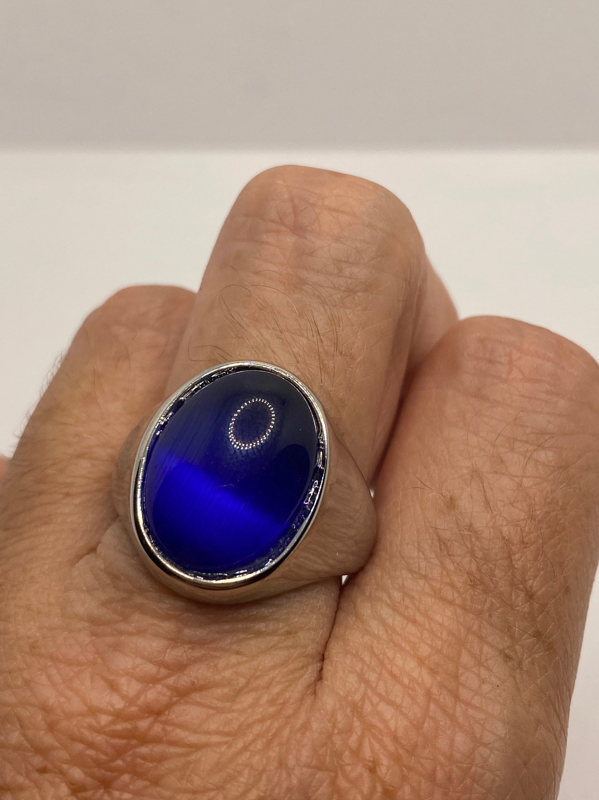 Vintage Blue Cats Eye Glass Mens Ring Stainless Steel
