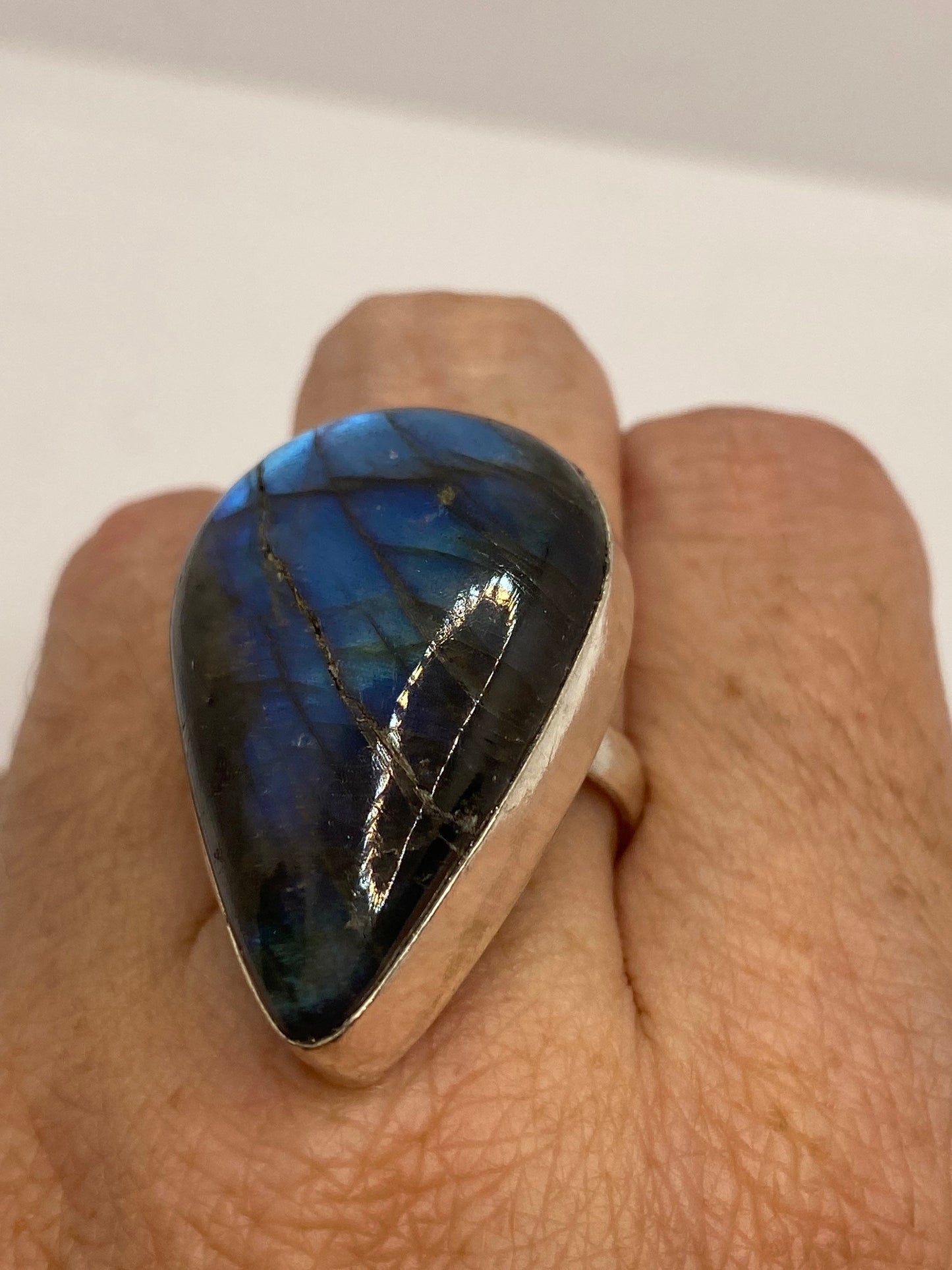 Vintage Large Labradorite Rainbow Moonstone Stone Silver Ring