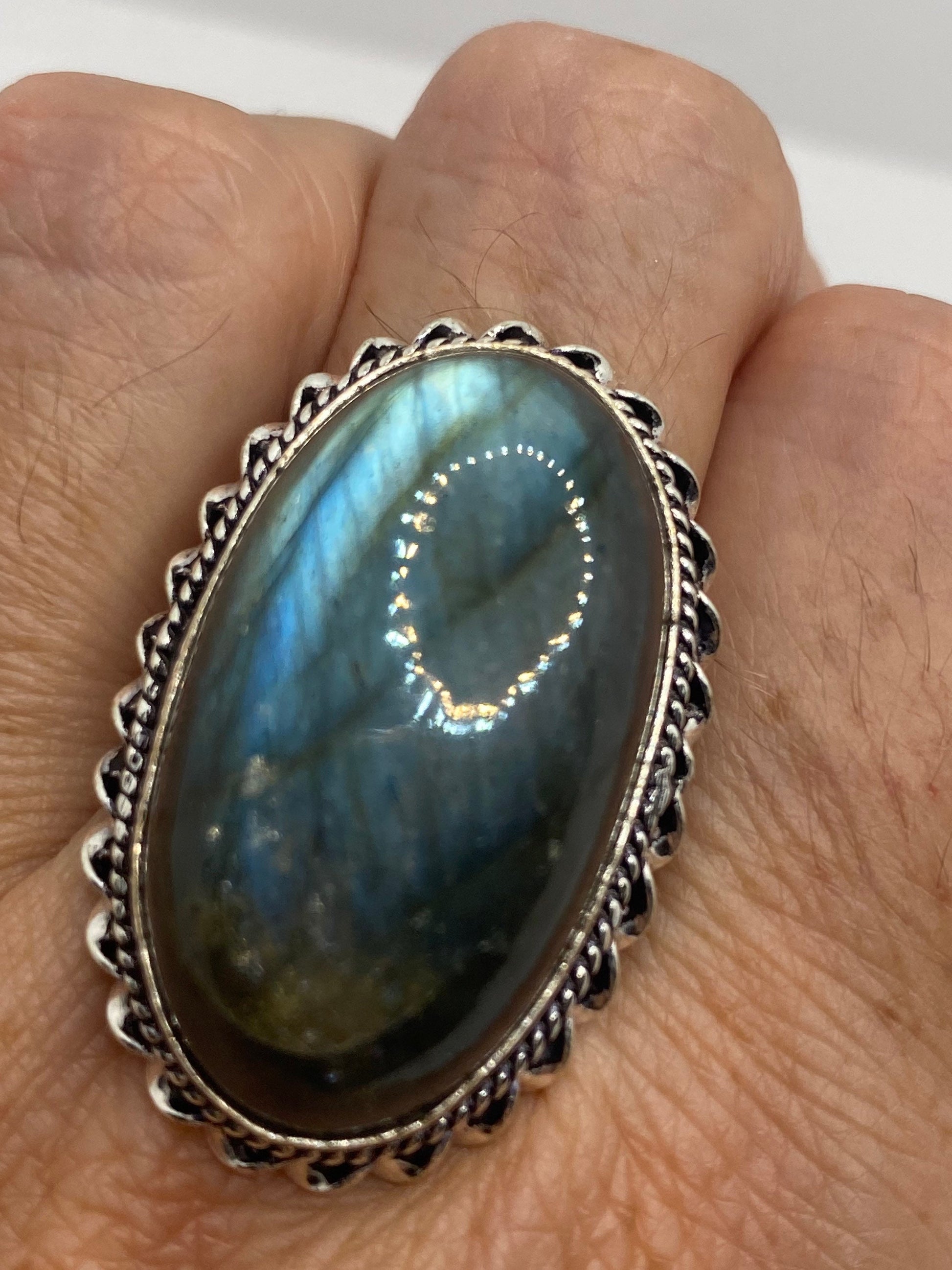 Vintage Large Labradorite Rainbow Moonstone Stone Silver Ring