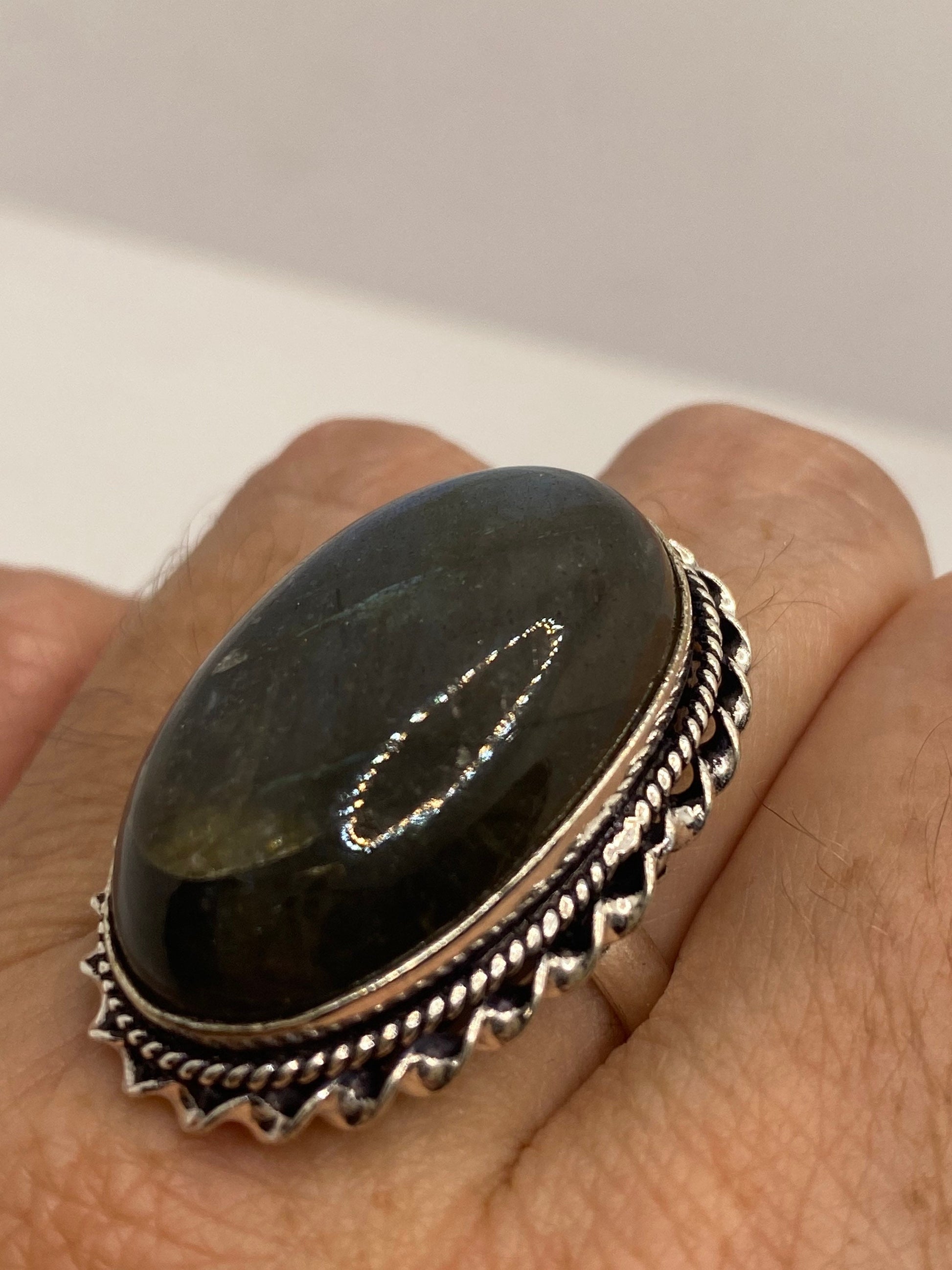 Vintage Large Labradorite Rainbow Moonstone Stone Silver Ring