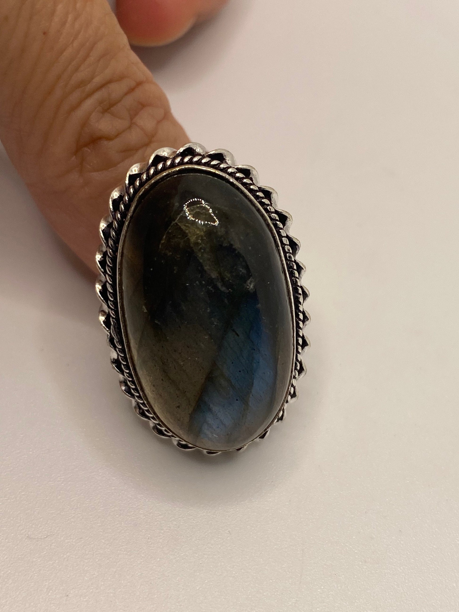 Vintage Large Labradorite Rainbow Moonstone Stone Silver Ring