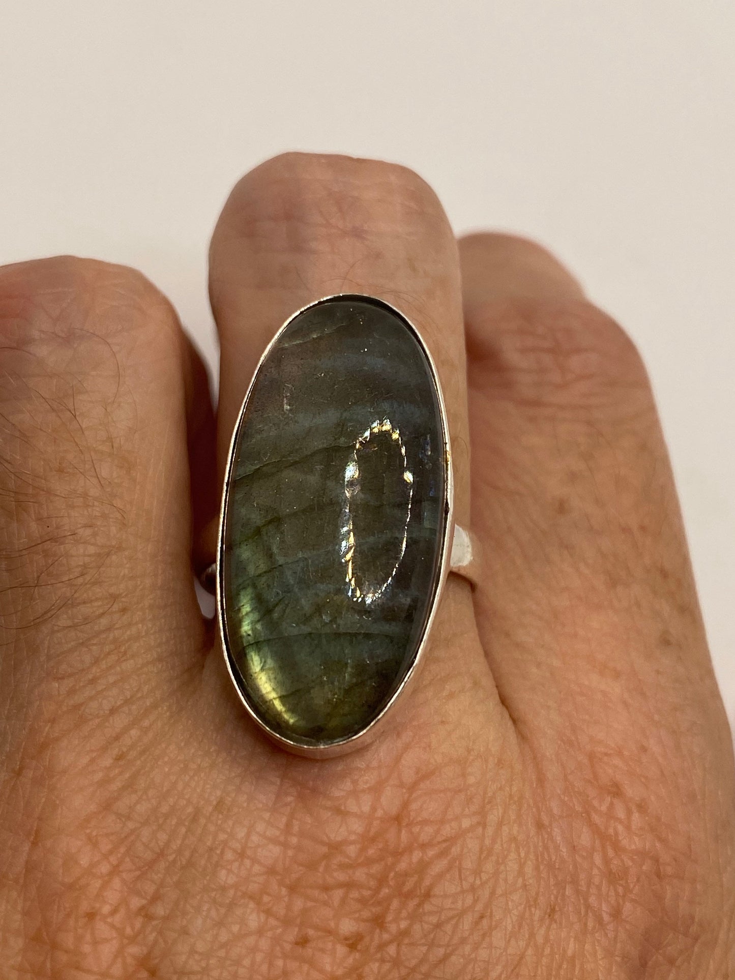 Vintage Large Labradorite Rainbow Moonstone Stone Silver Ring