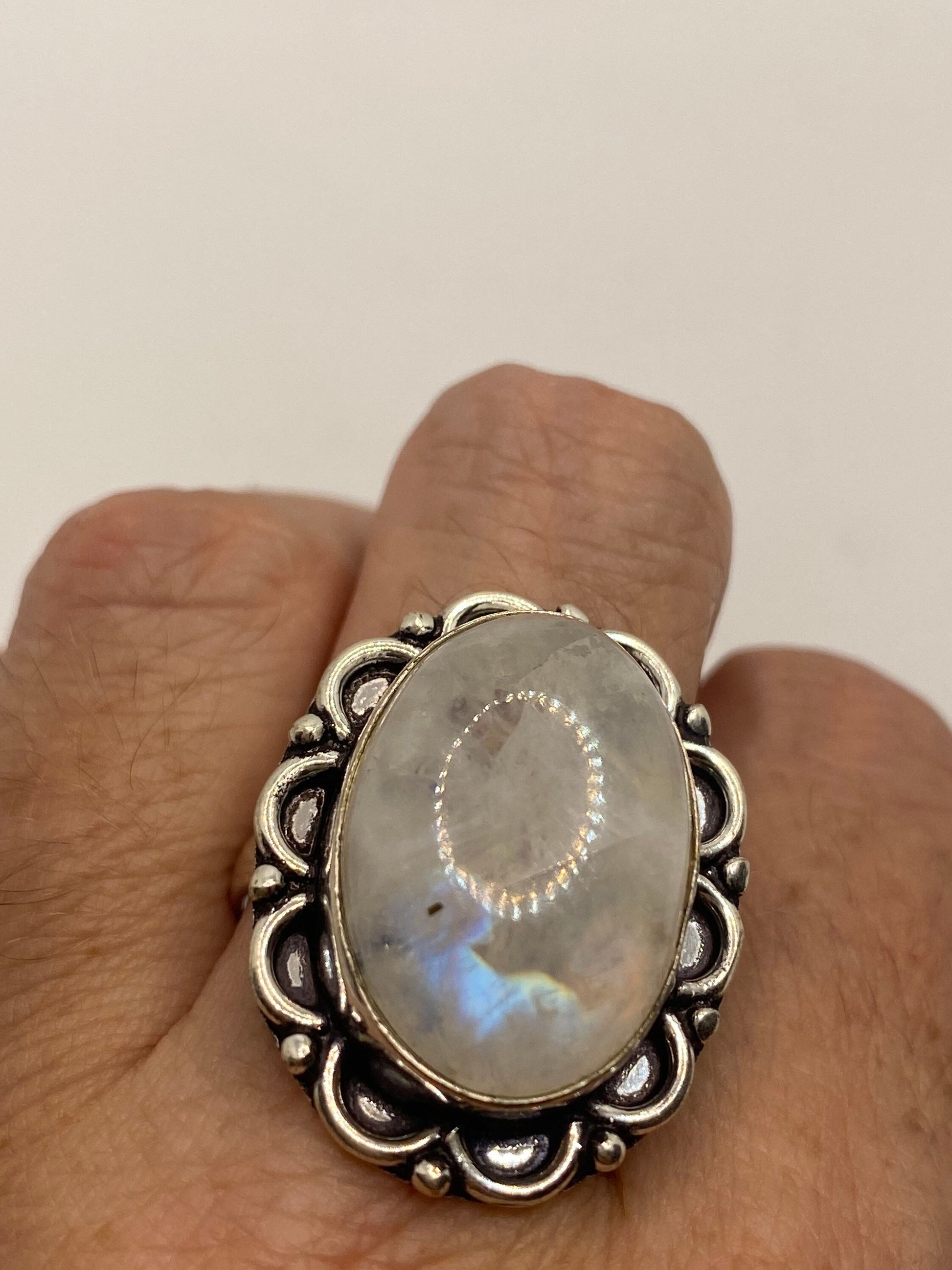 Vintage Large Blue White Rainbow Moonstone Stone Silver Ring