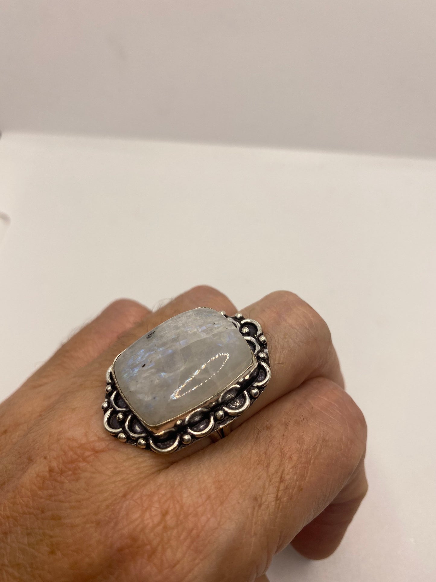 Vintage Large Blue White Rainbow Moonstone Stone Silver Ring