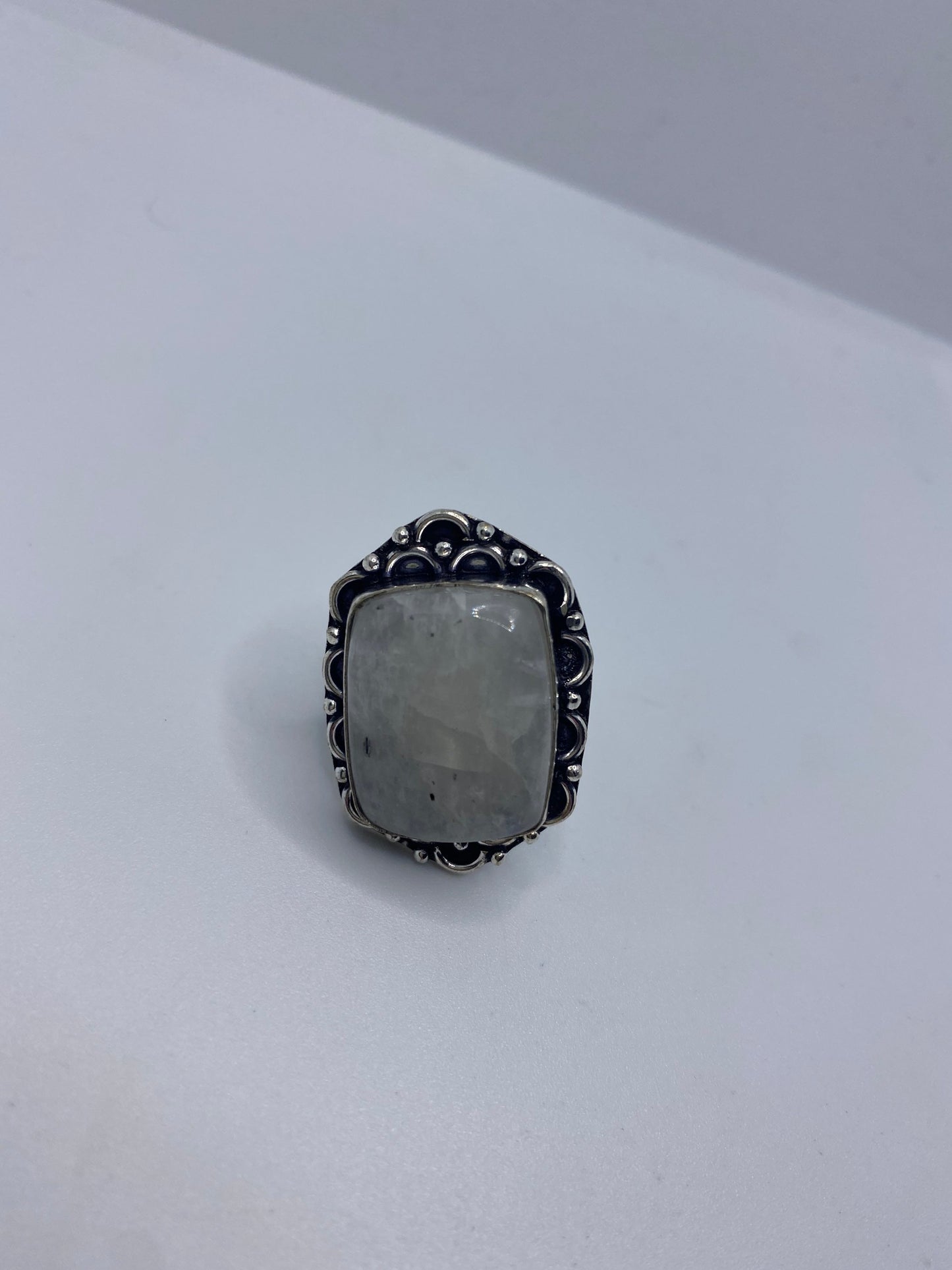 Vintage Large Blue White Rainbow Moonstone Stone Silver Ring