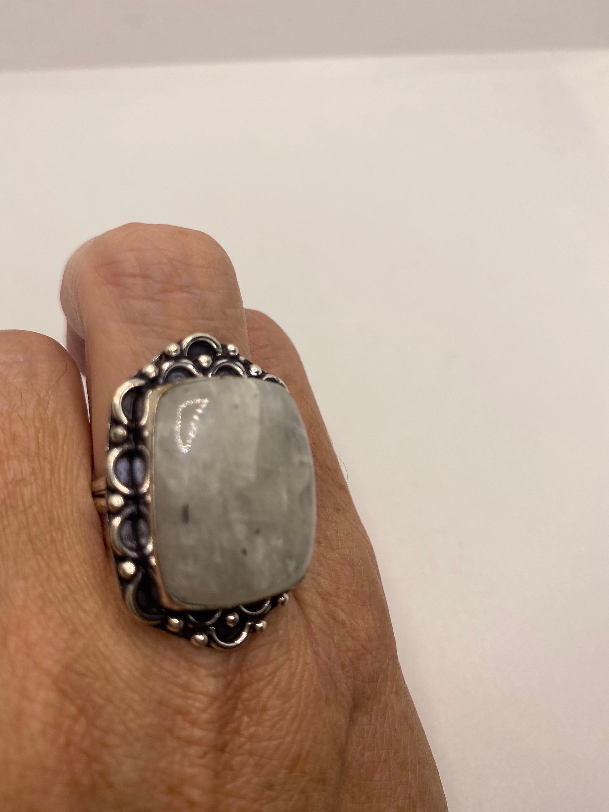 Vintage Large Blue White Rainbow Moonstone Stone Silver Ring