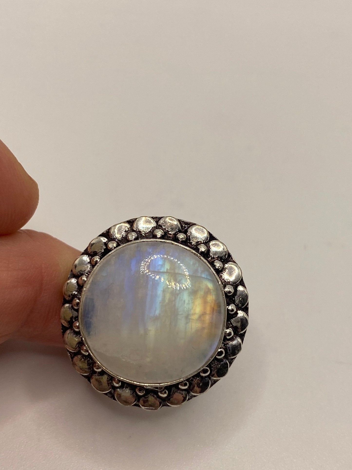 Vintage Large Blue White Rainbow Moonstone Stone Silver Ring