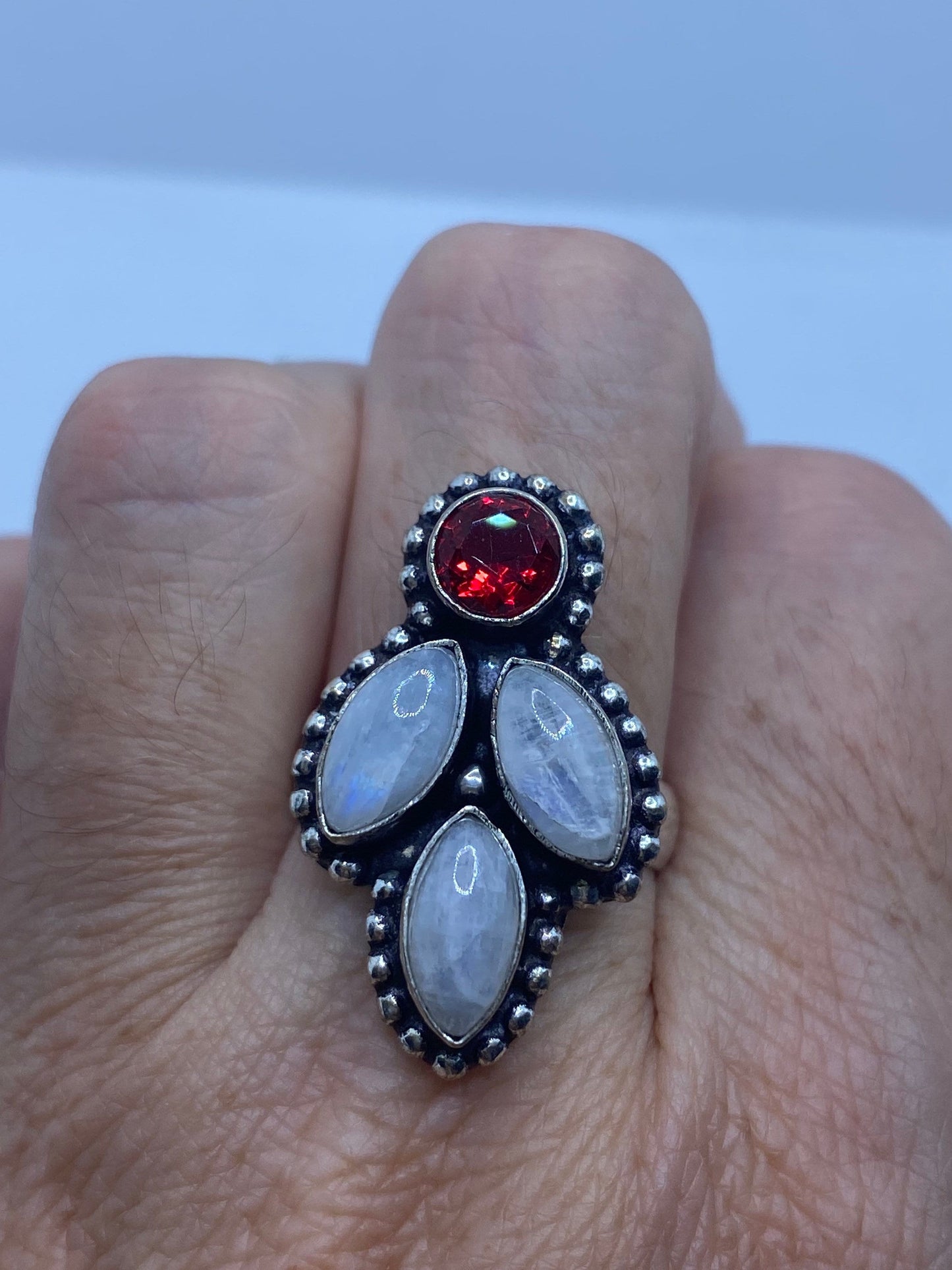 Vintage Blue White Rainbow Moonstone Stone Silver Ring