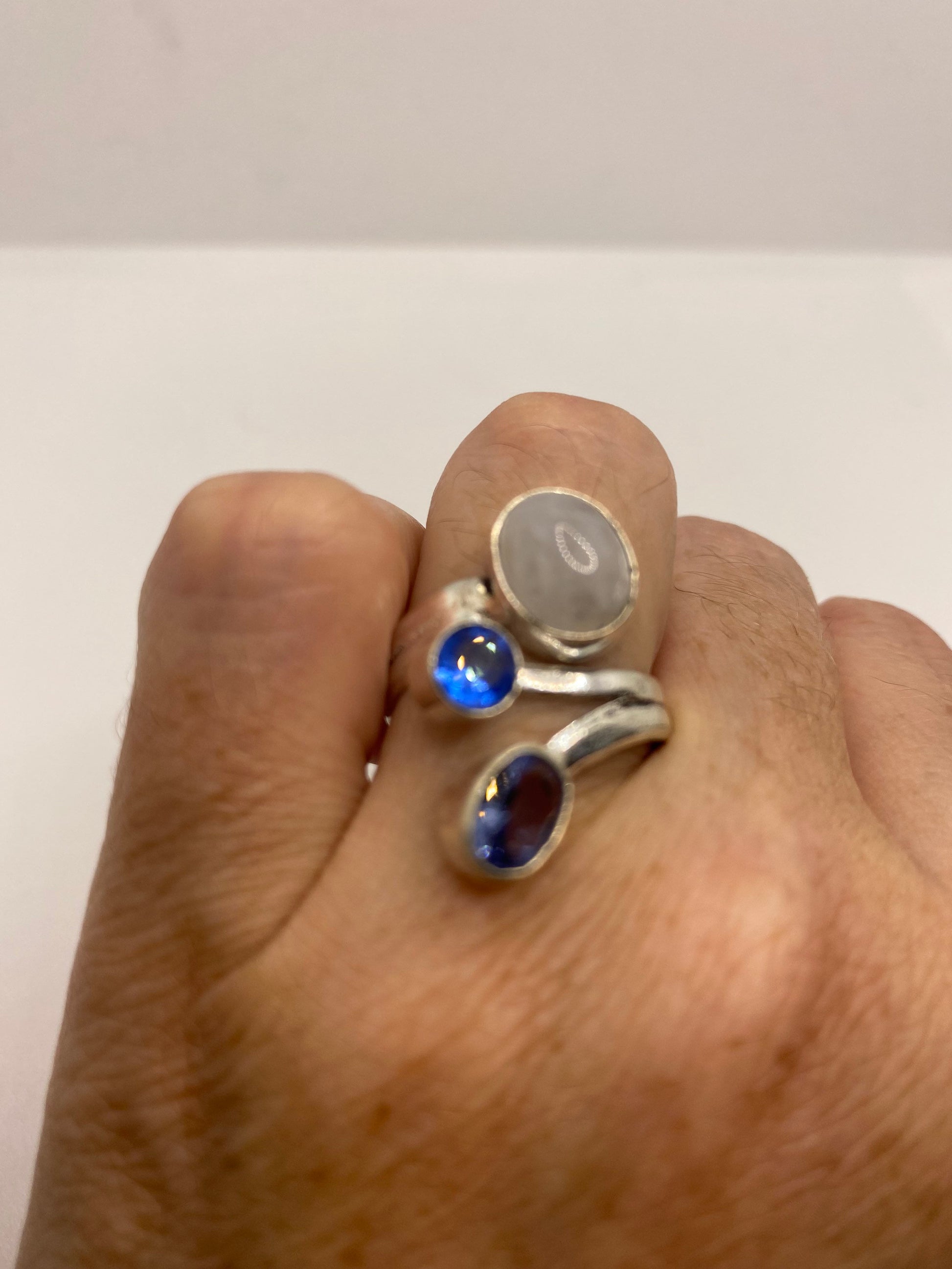 Vintage Blue White Rainbow Moonstone Stone Silver Ring