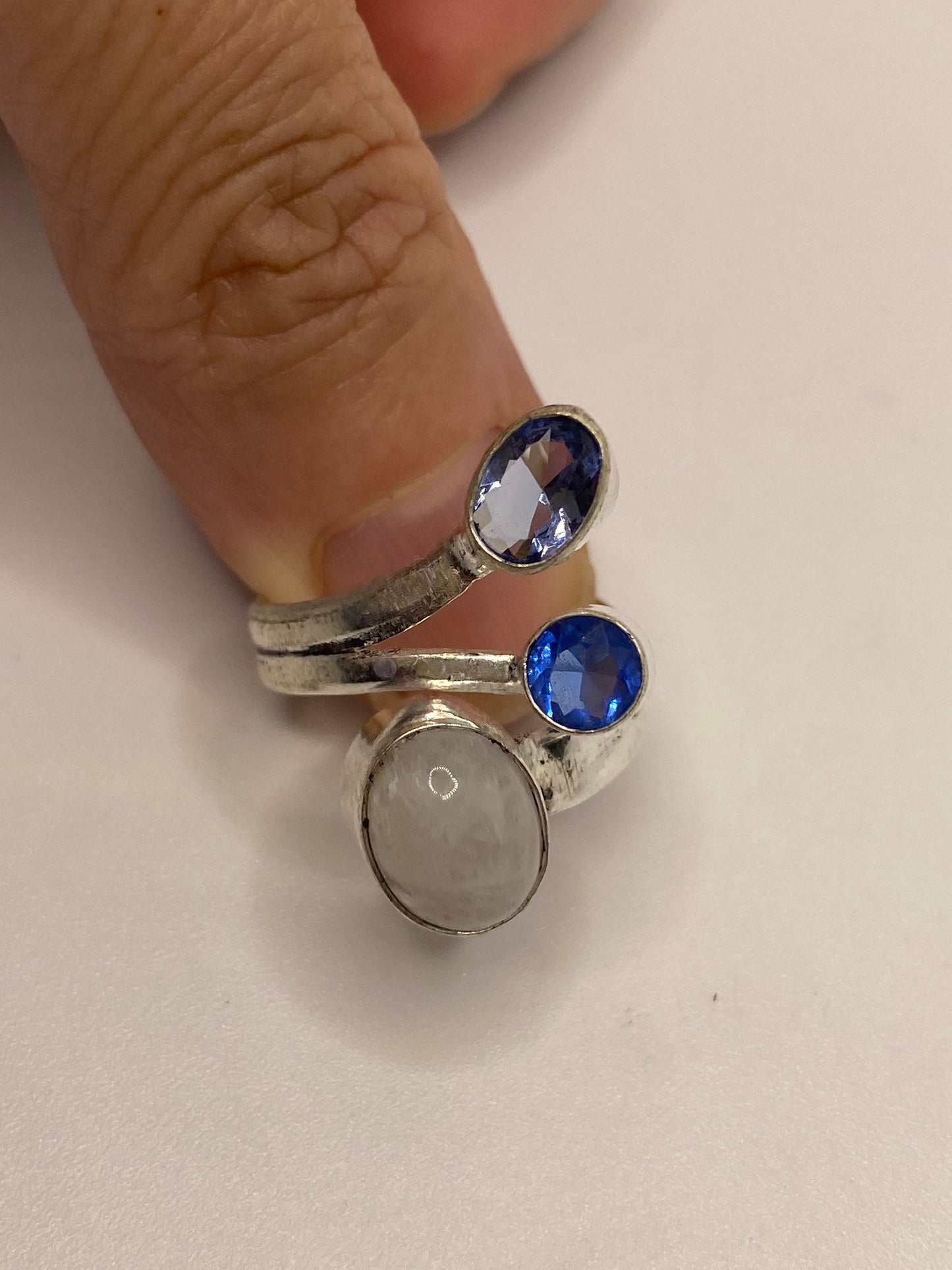 Vintage Blue White Rainbow Moonstone Stone Silver Ring