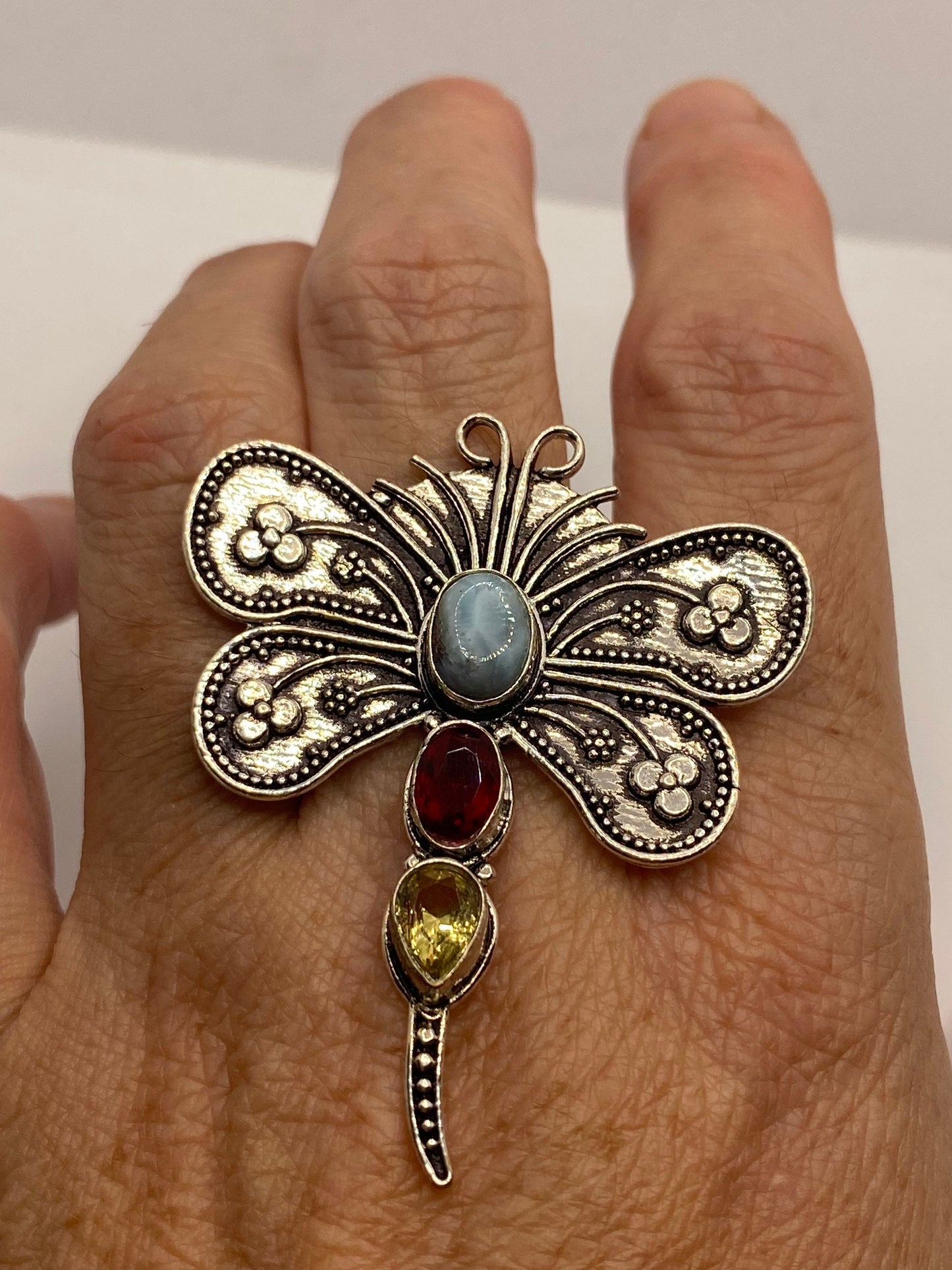 Vintage Red Ruby Glass Citrine Larimar Dragonfly Ring Antique Cocktail