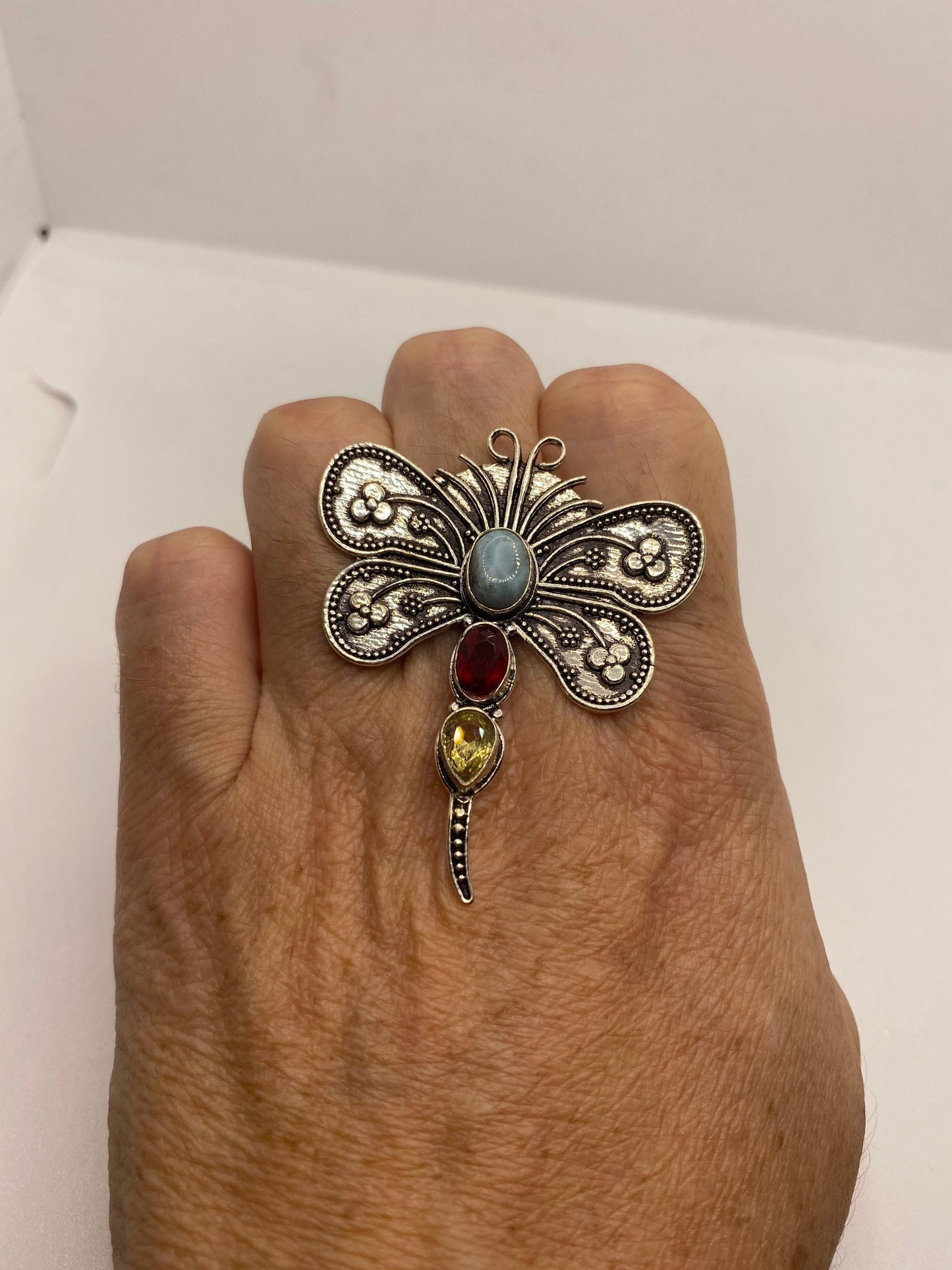 Vintage Red Ruby Glass Citrine Larimar Dragonfly Ring Antique Cocktail