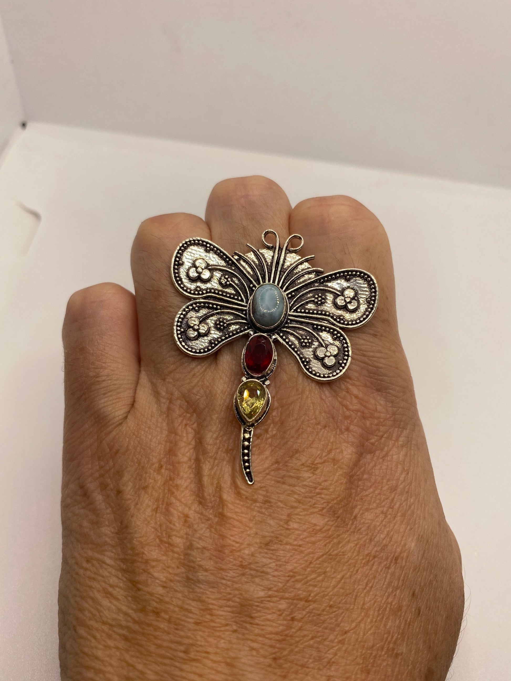 Vintage Red Ruby Glass Citrine Larimar Dragonfly Ring Antique Cocktail