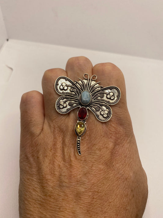 Vintage Red Ruby Glass Citrine Larimar Dragonfly Ring Antique Cocktail