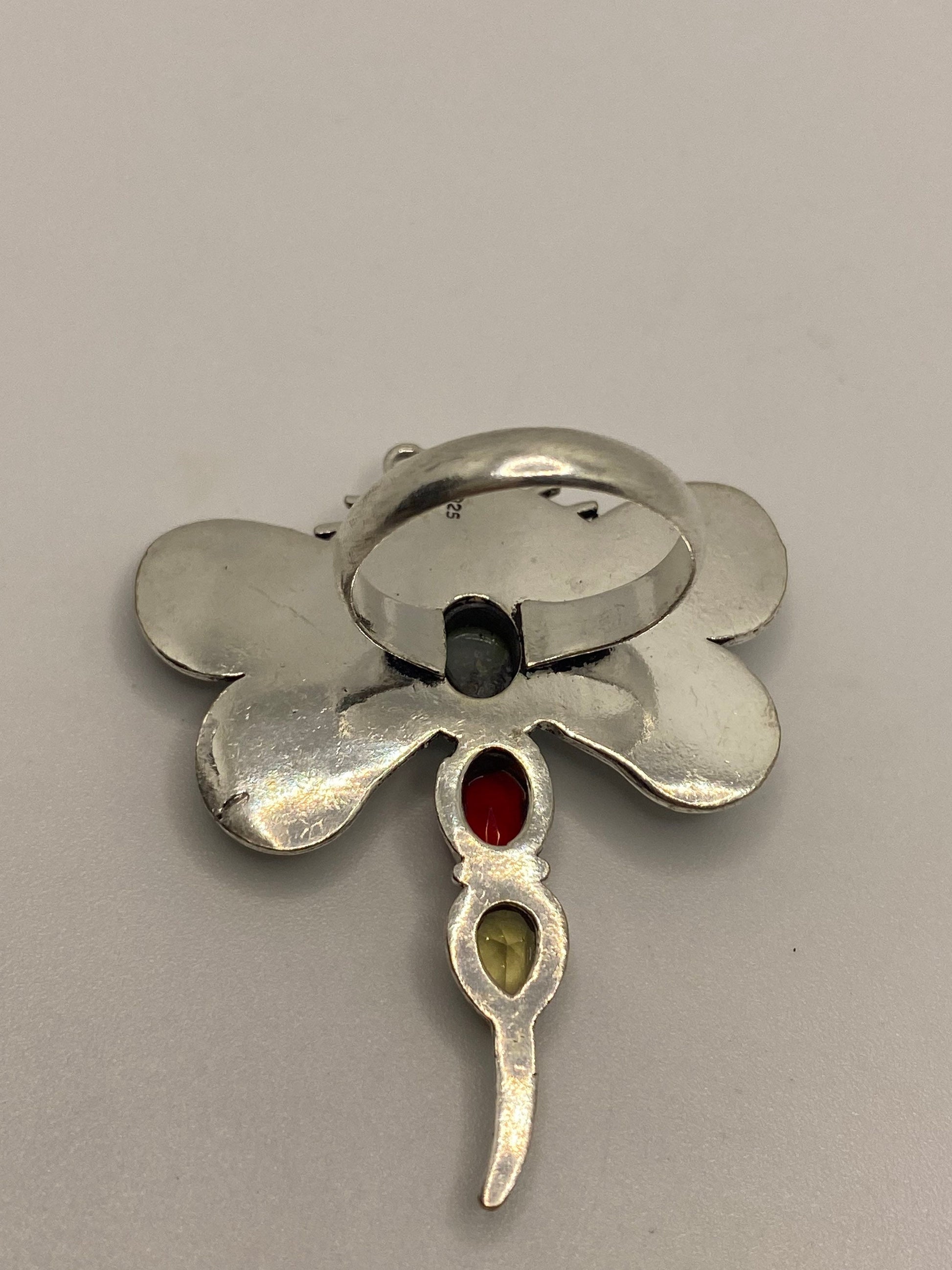 Vintage Red Ruby Glass Citrine Larimar Dragonfly Ring Antique Cocktail