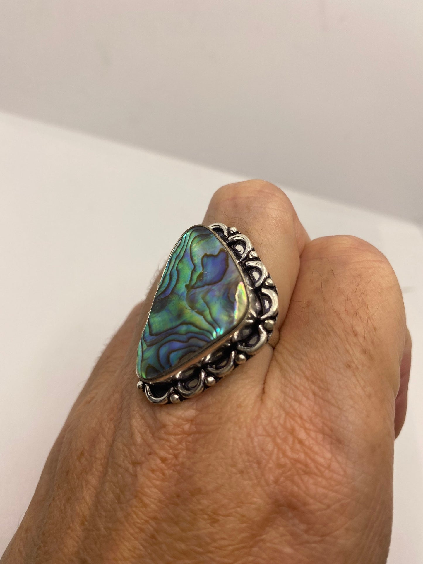 Antique Green Abalone White Bronze Silver Ring