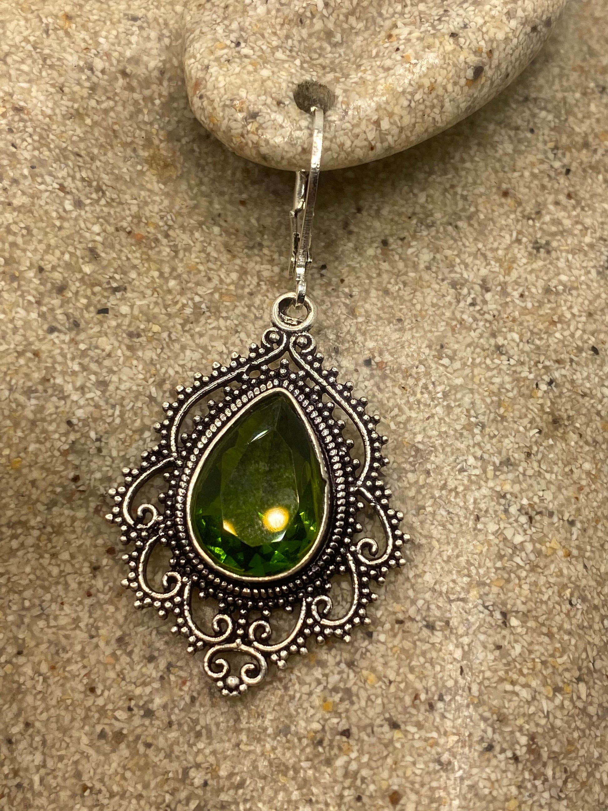 Antique Vintage Green Peridot Silver Dangle Earrings