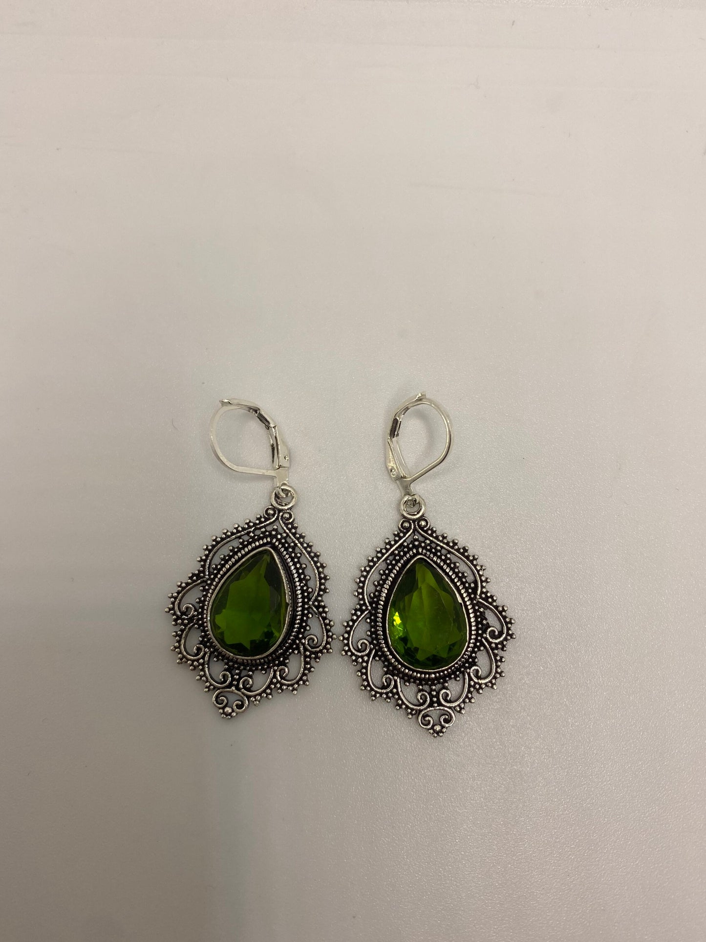 Antique Vintage Green Peridot Silver Dangle Earrings