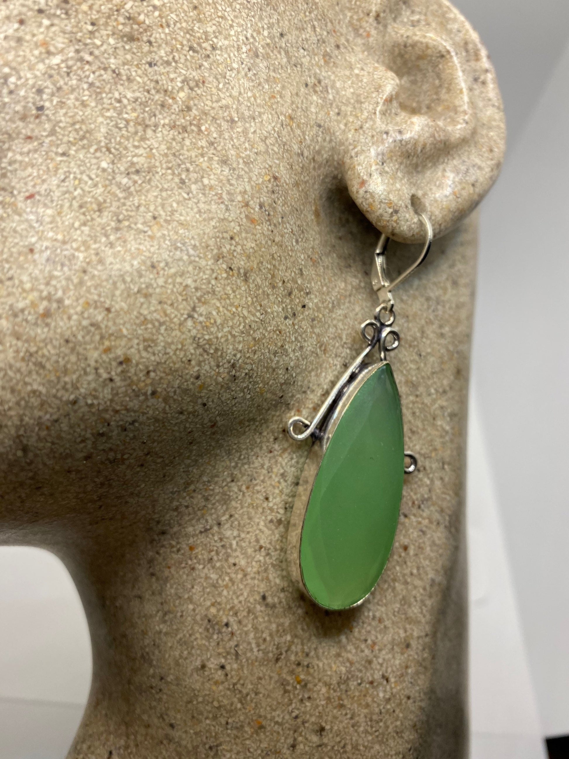 Vintage Genuine Green Chalcedony Gemstone Sterling Silver Lever Back Chandelier Earrings