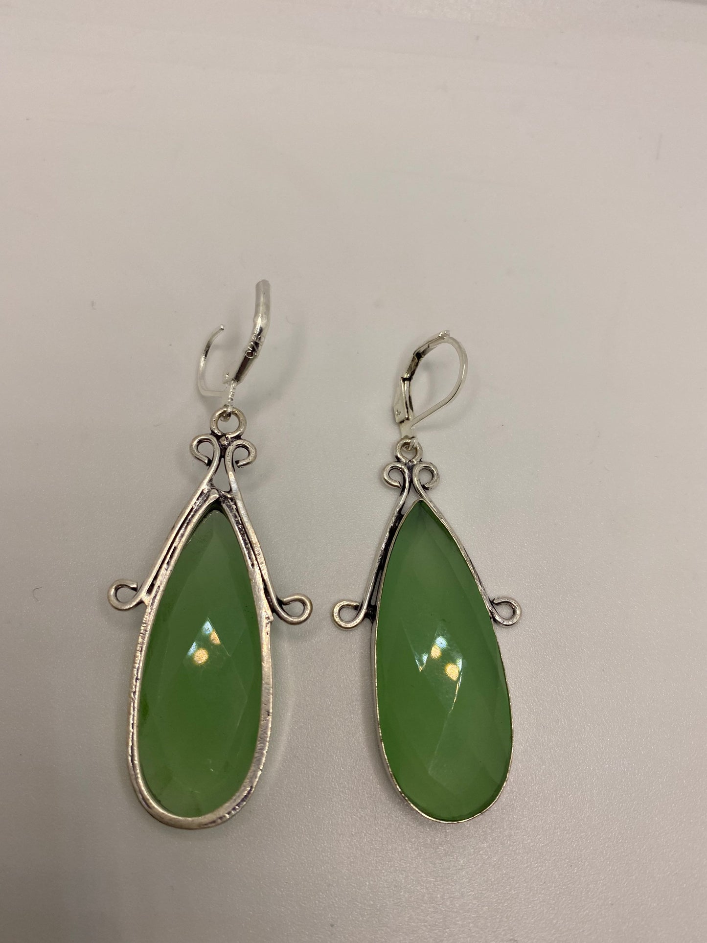 Vintage Genuine Green Chalcedony Gemstone Sterling Silver Lever Back Chandelier Earrings