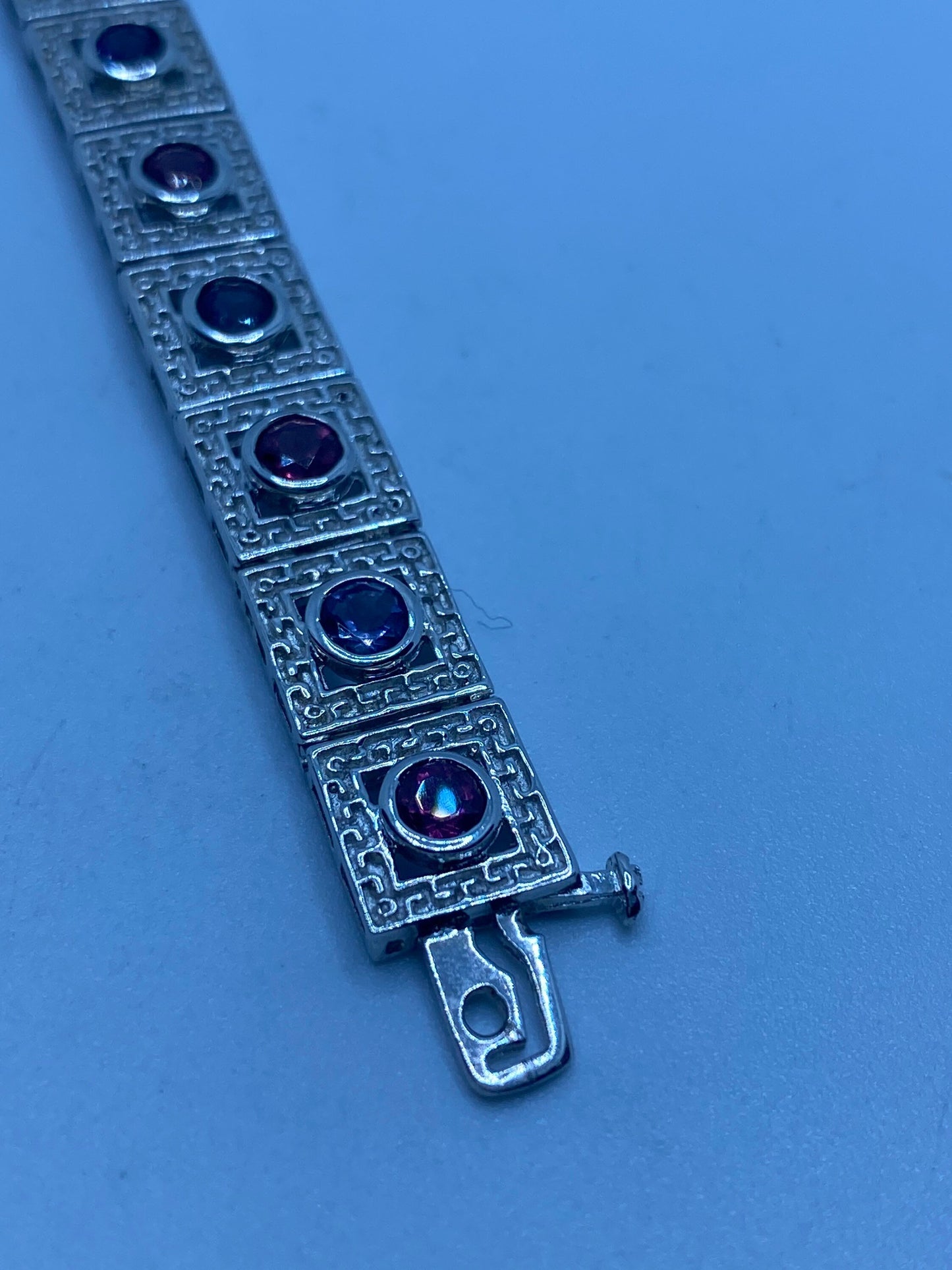 Vintage Blue Iolite Red Tourmaline 925 Sterling Silver Tennis Bracelet