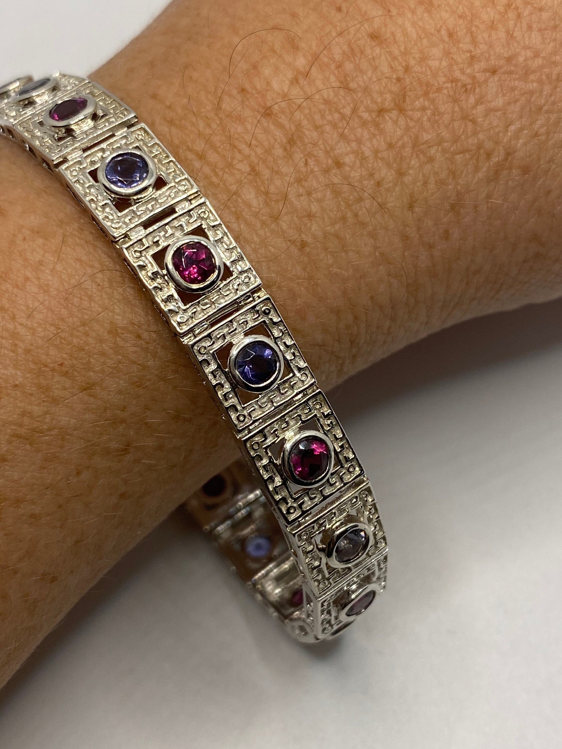 Vintage Blue Iolite Red Tourmaline 925 Sterling Silver Tennis Bracelet