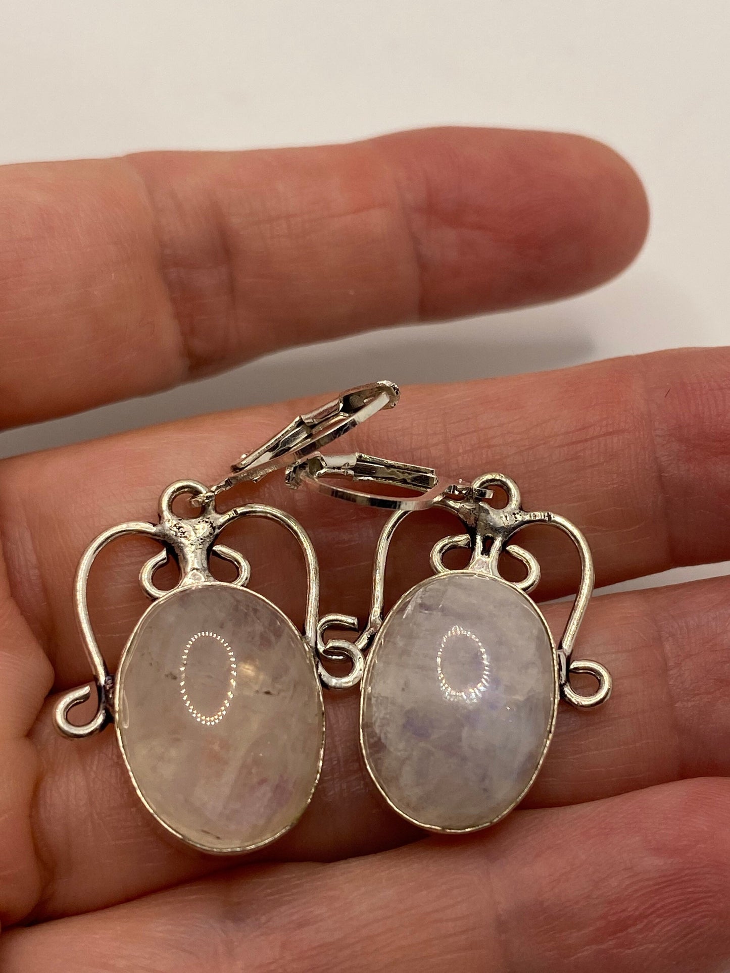 Vintage Rainbow Moonstone Sterling Silver Lever Back Dangle Earrings