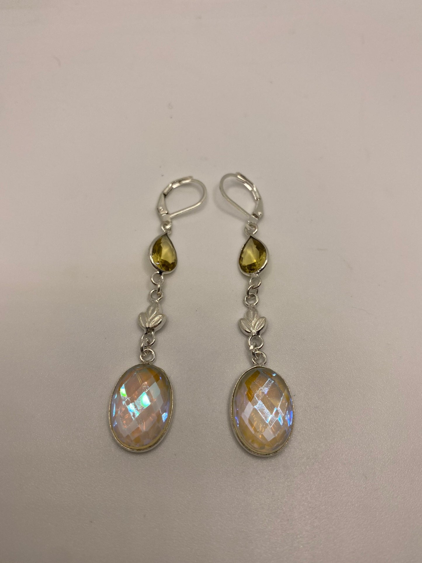 Antique Vintage Blue White Opal Glass Silver Dangle Earrings