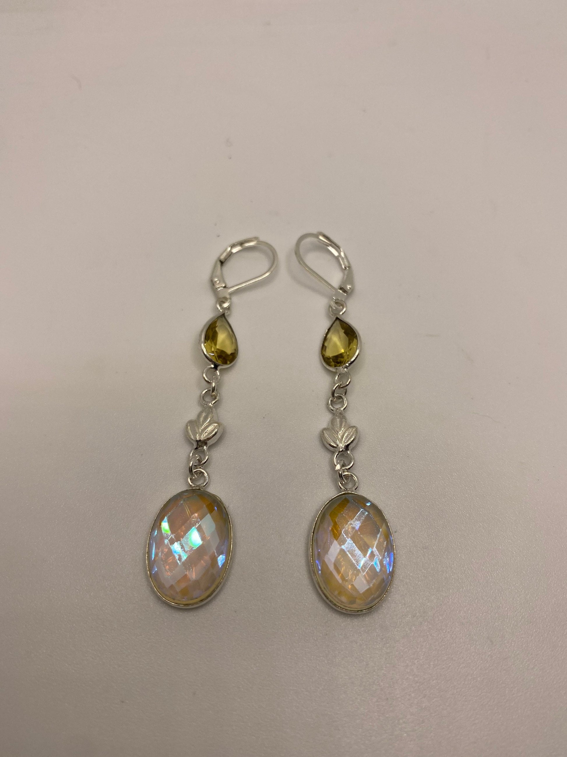 Antique Vintage Blue White Opal Glass Silver Dangle Earrings