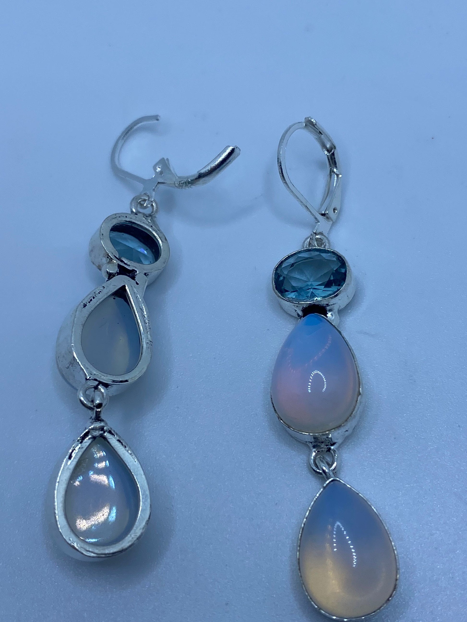 Antique Vintage Blue White Opal Glass Silver Dangle Earrings