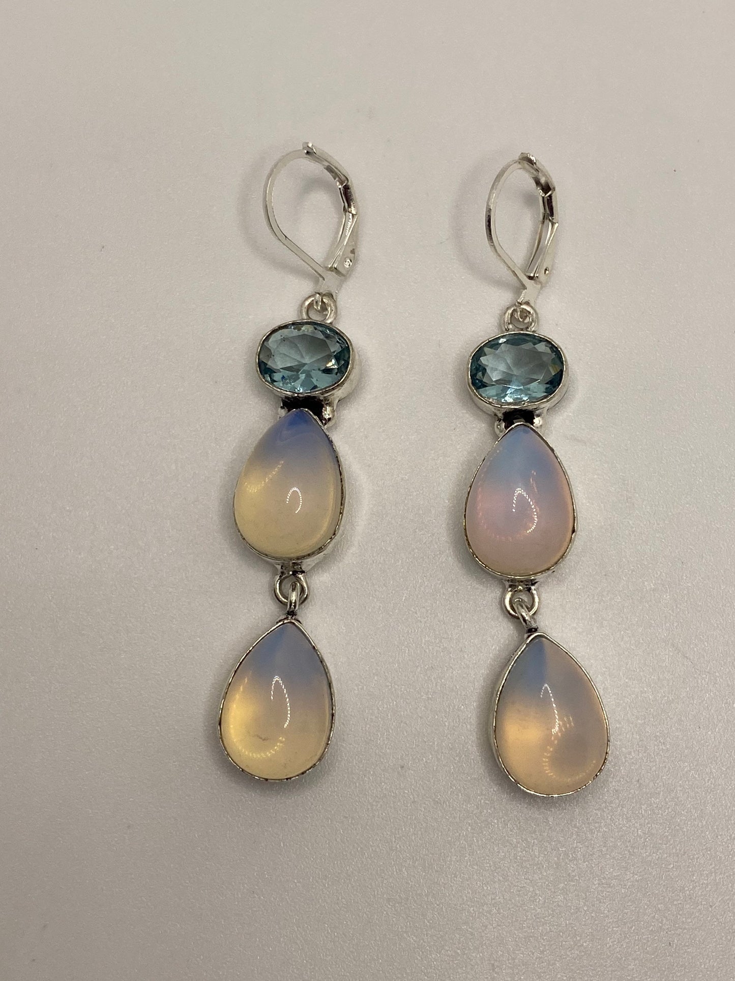 Antique Vintage Blue White Opal Glass Silver Dangle Earrings