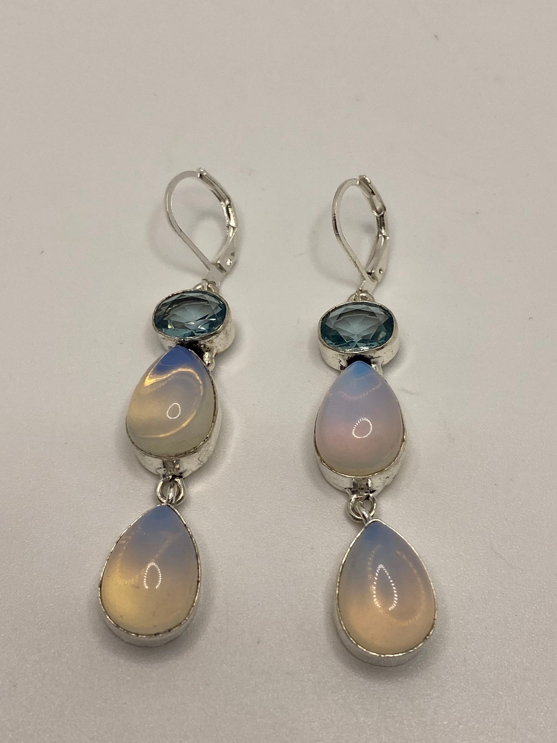 Antique Vintage Blue White Opal Glass Silver Dangle Earrings