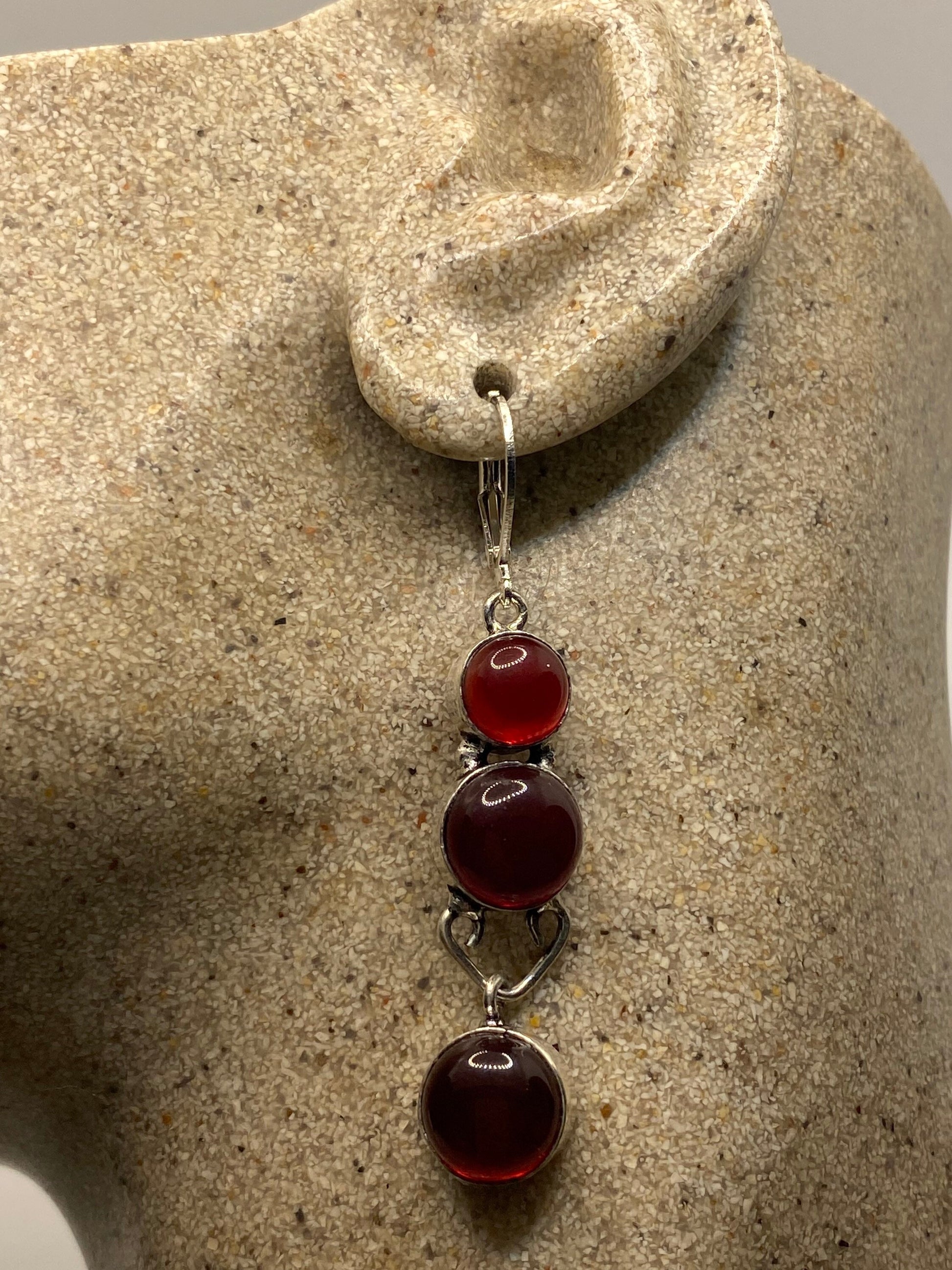 Antique Vintage Red Ruby Glass Silver Dangle Earrings