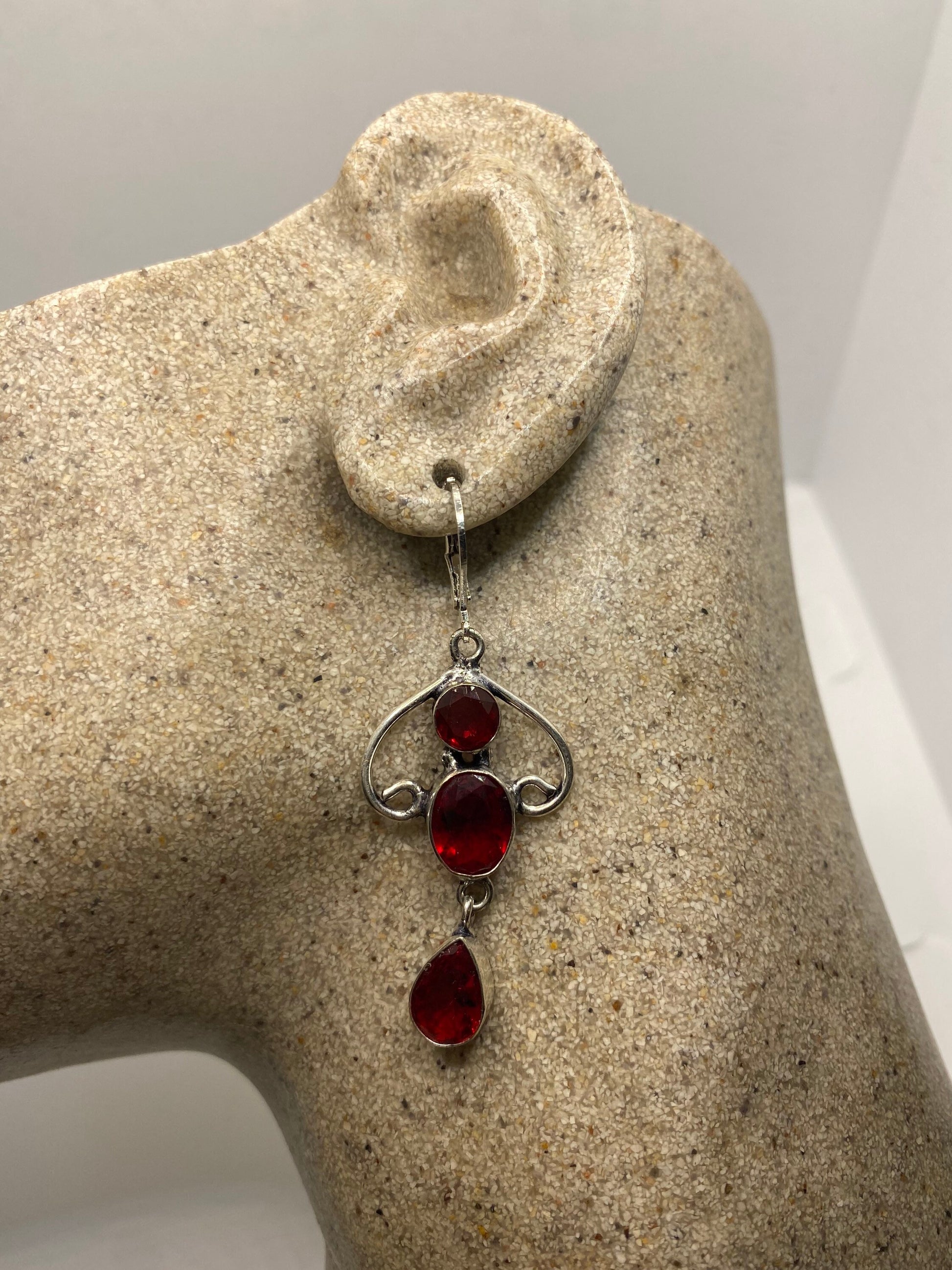 Antique Vintage Red Ruby Glass Silver Dangle Earrings