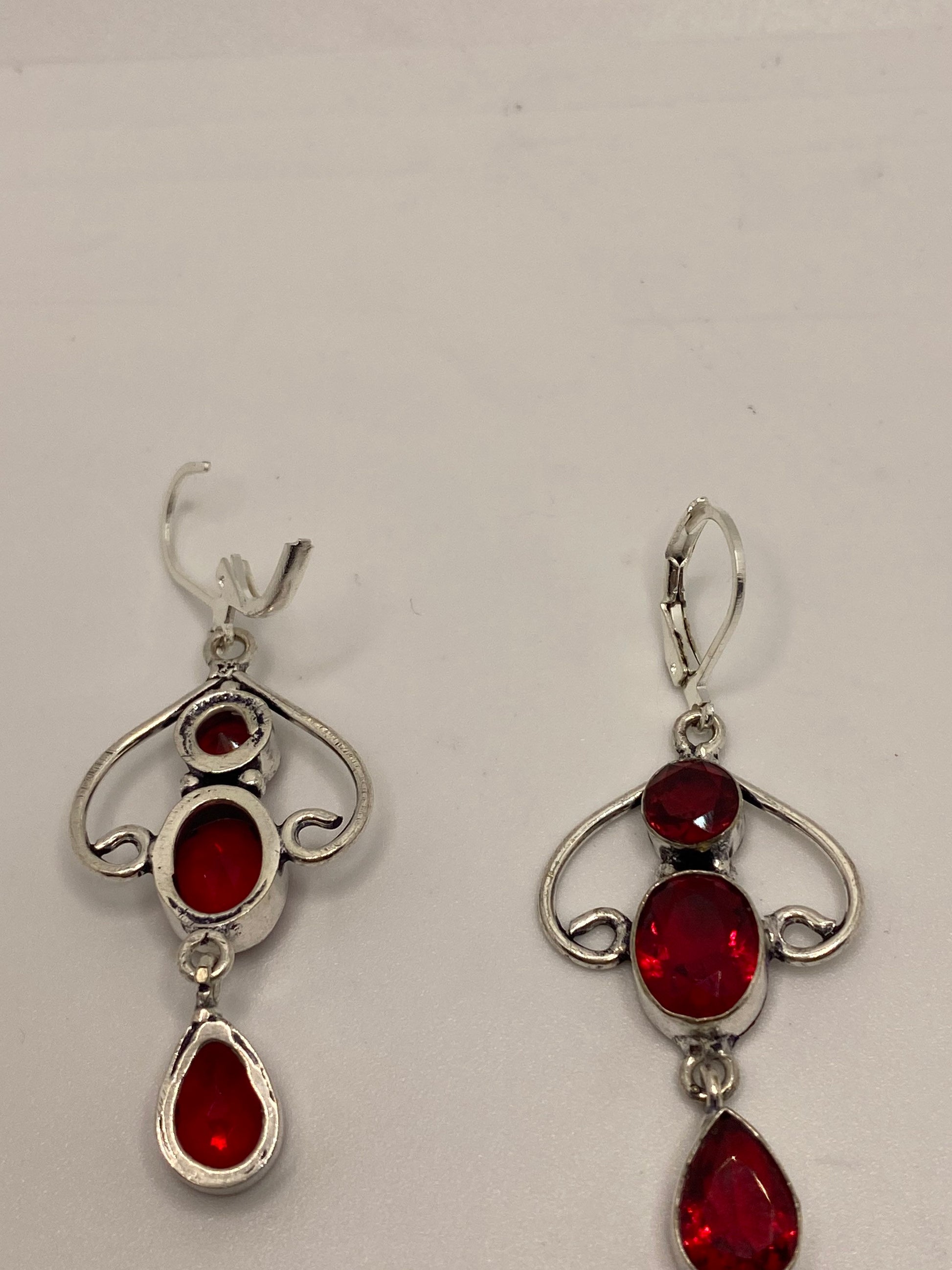 Antique Vintage Red Ruby Glass Silver Dangle Earrings