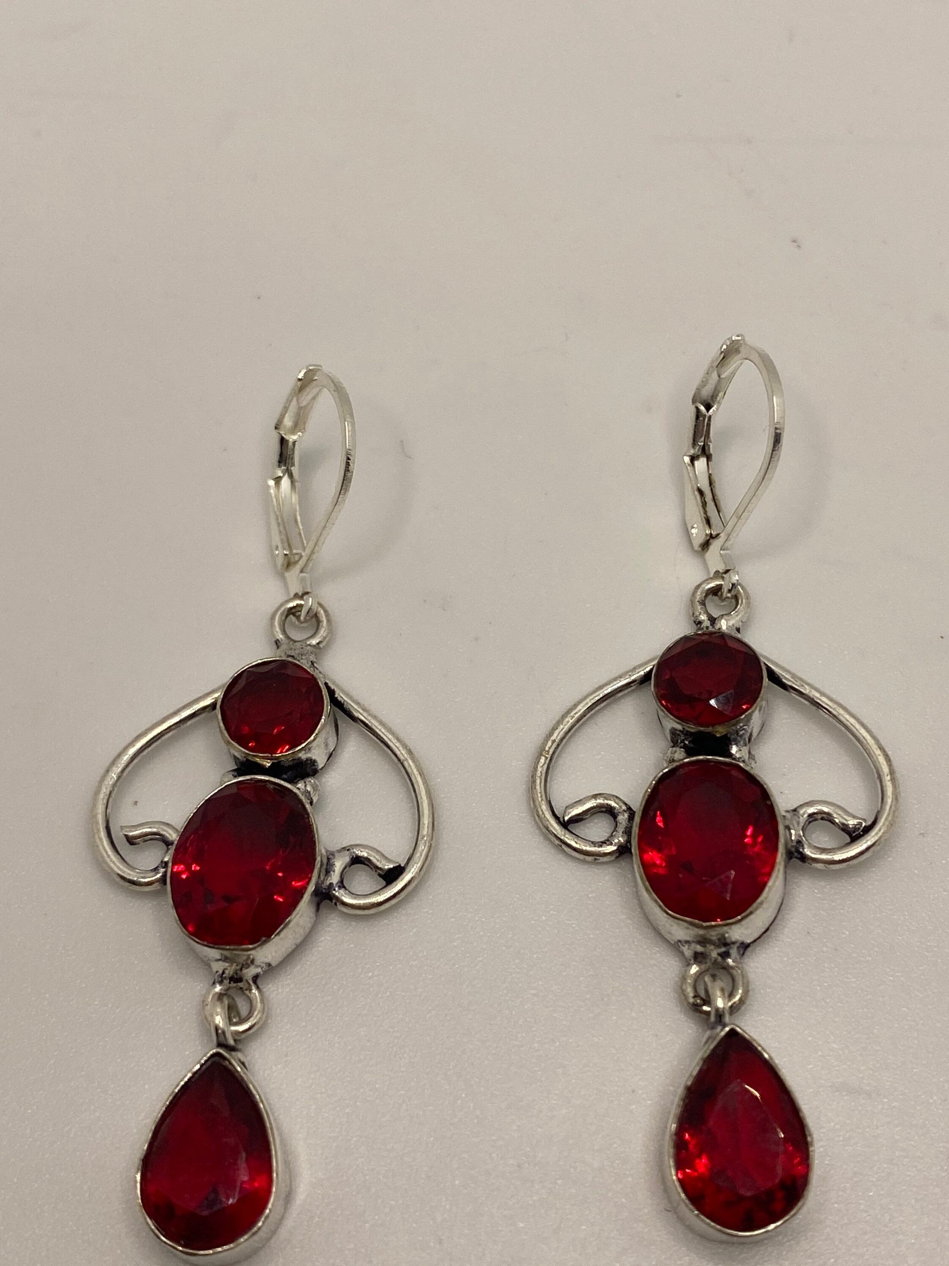 Antique Vintage Red Ruby Glass Silver Dangle Earrings