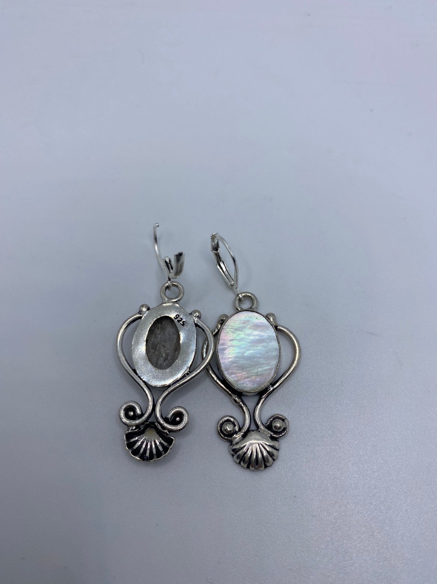 Antique Vintage Mother of Pearl Silver Heart Dangle Earrings