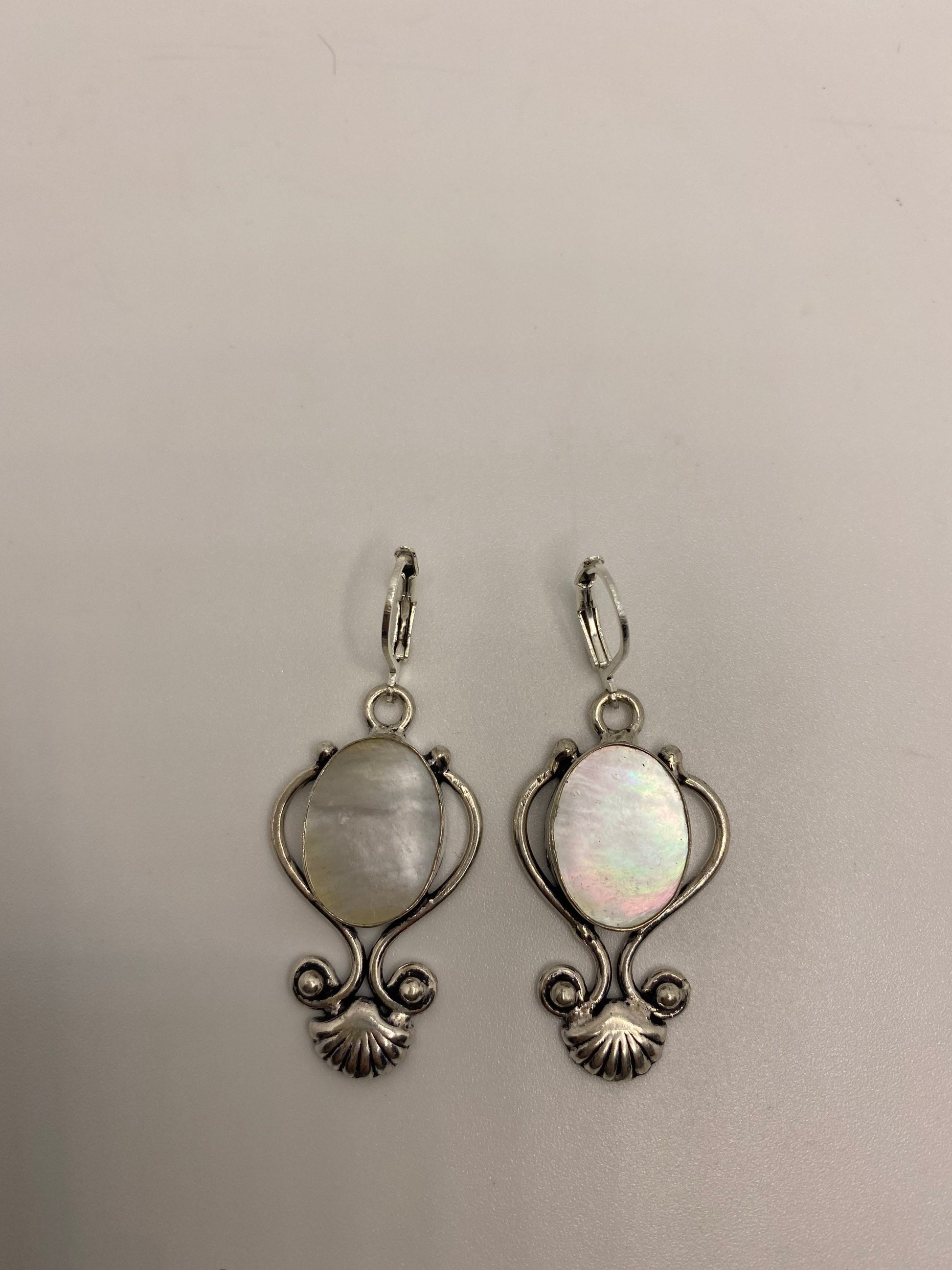 Antique Vintage Mother of Pearl Silver Heart Dangle Earrings