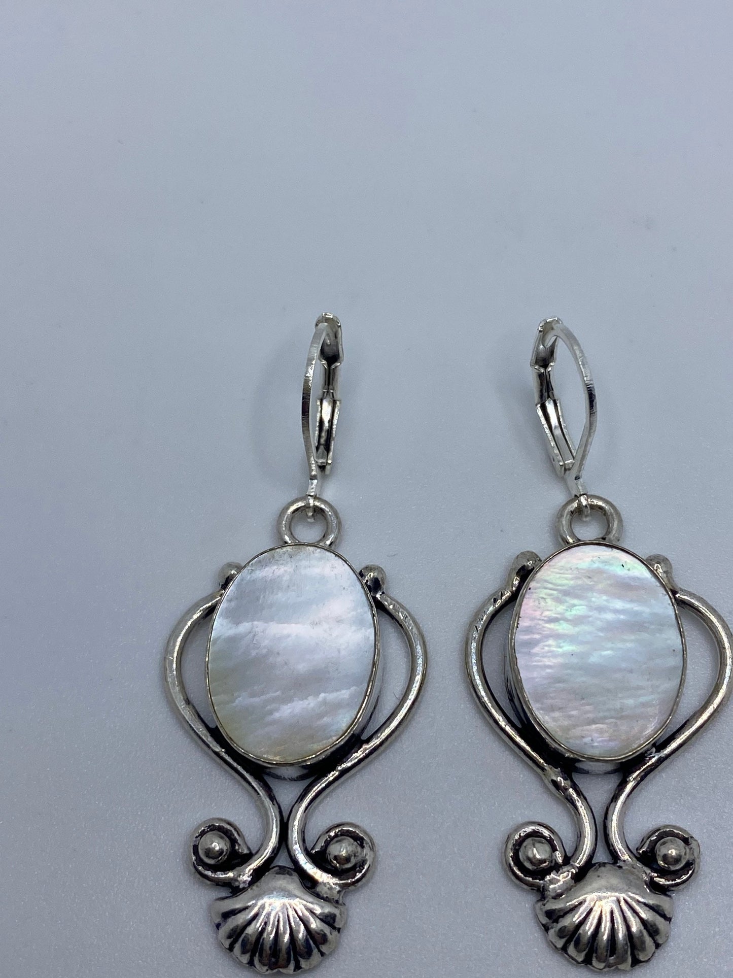 Antique Vintage Mother of Pearl Silver Heart Dangle Earrings