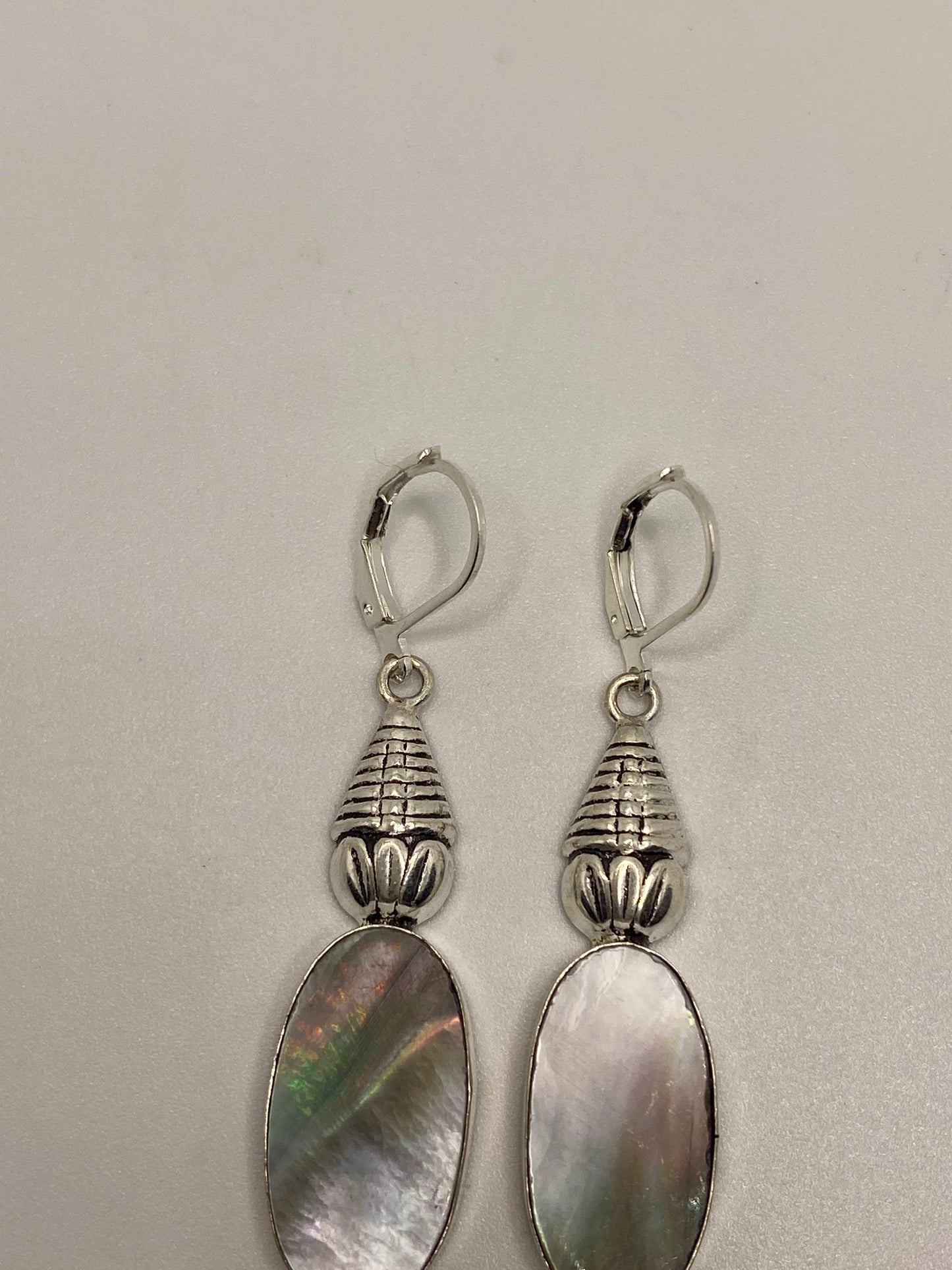 Antique Vintage Mother of Pearl Silver Heart Dangle Earrings