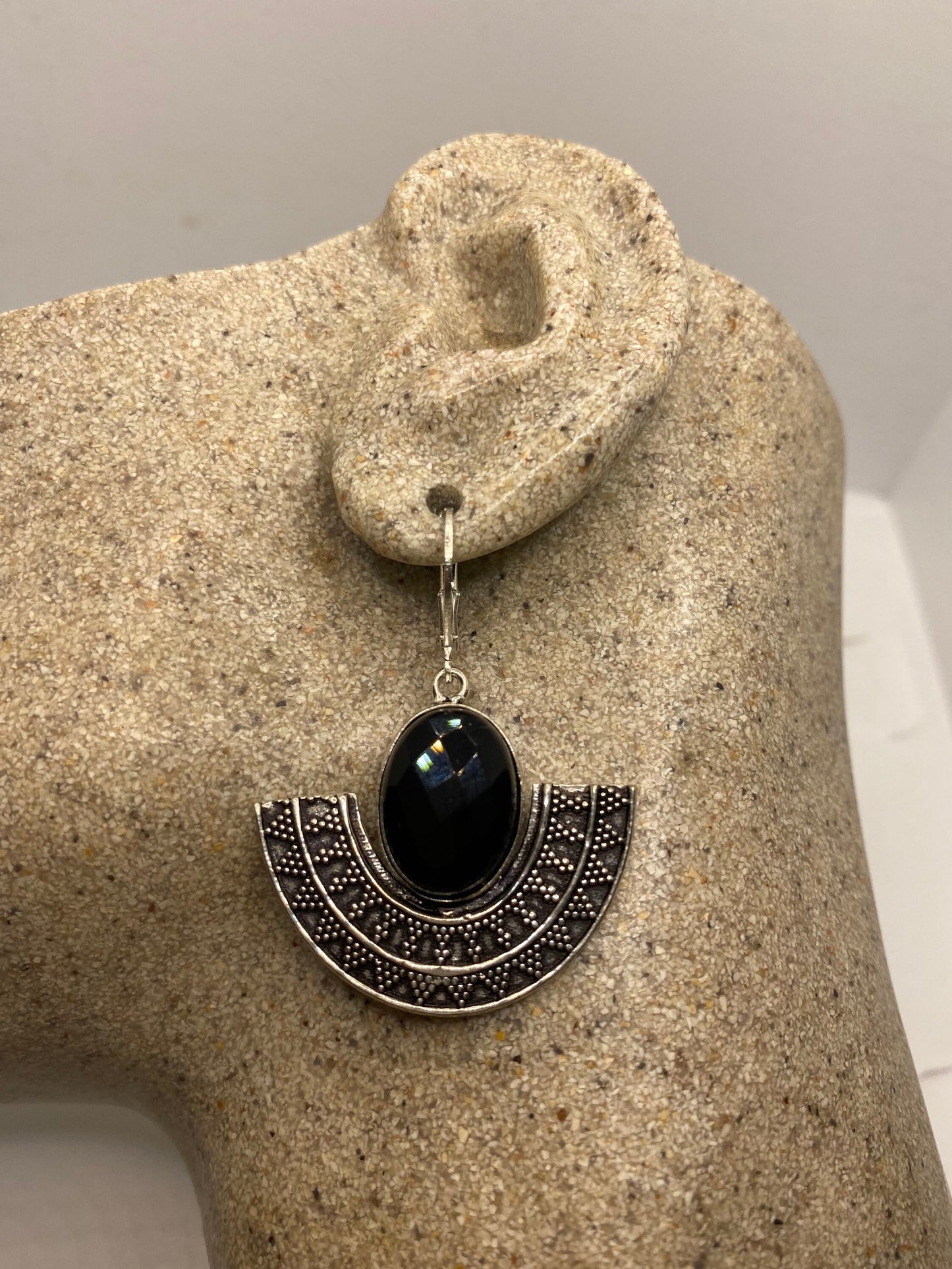 Vintage Black Earring Onyx 925 Sterling Silver Deco Dangle Chandelier