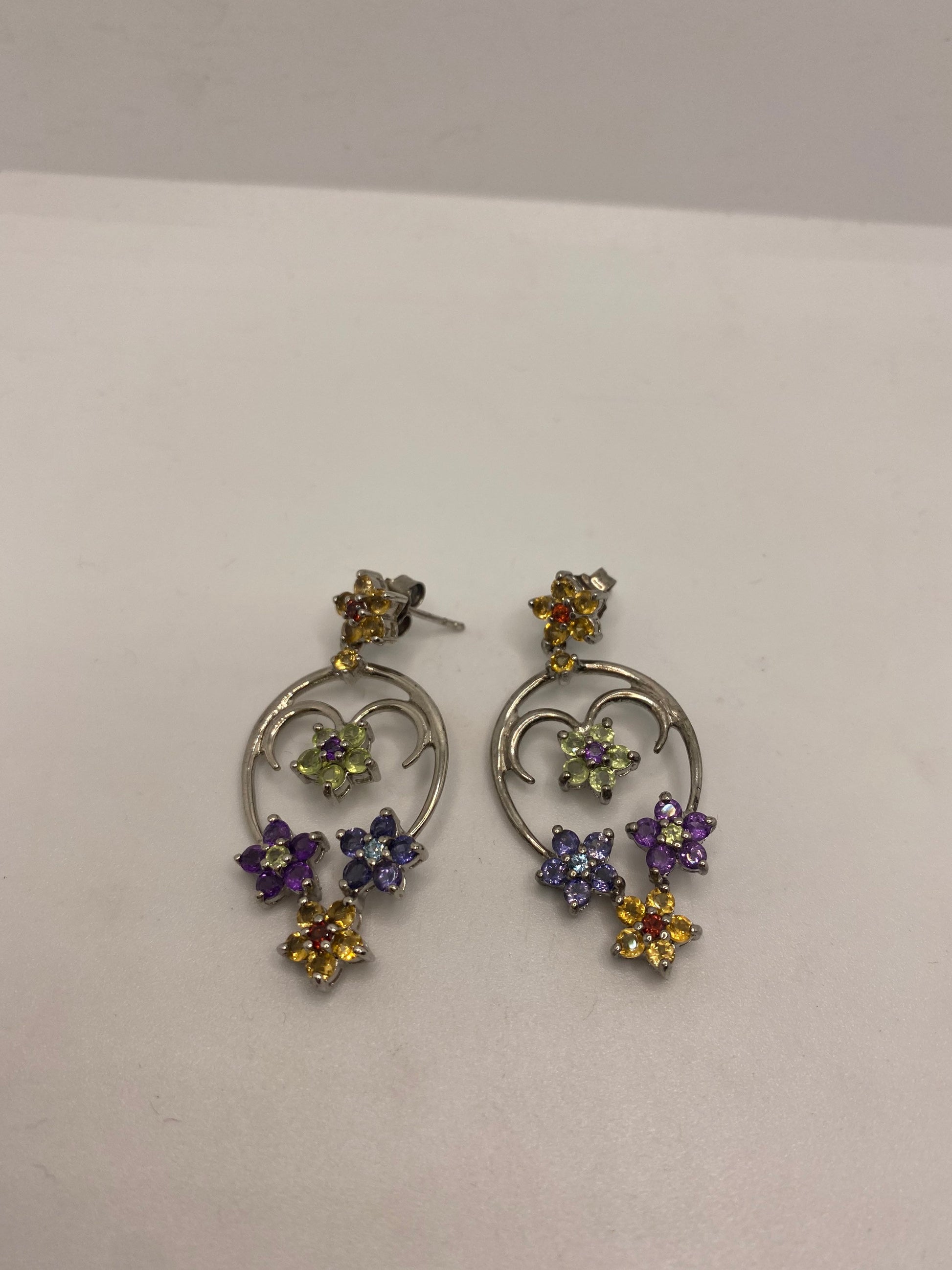 Vintage Mixed Genuine Gemstone Filigree 925 Sterling Silver Dangle button Earrings