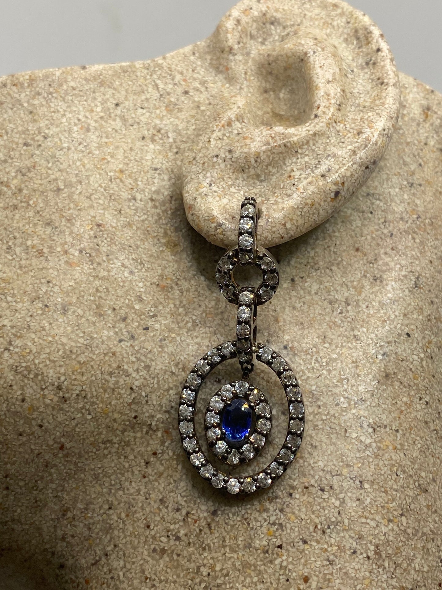 Vintage Mixed Genuine Blue and White Sapphire Gemstone Filigree 925 Sterling Silver Chandelier Earrings