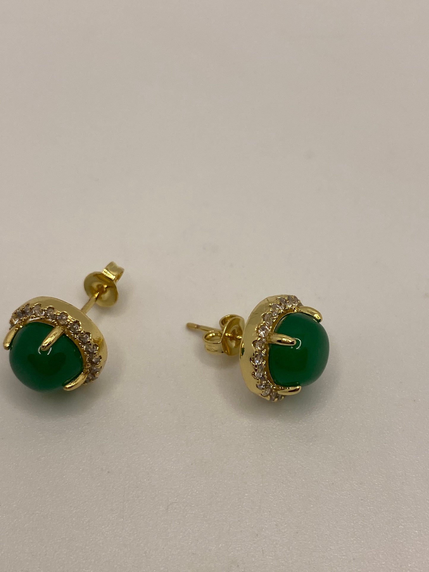 Vintage Fun Green Jade Gemstone Gold Rhodium Bronze Stud Earrings